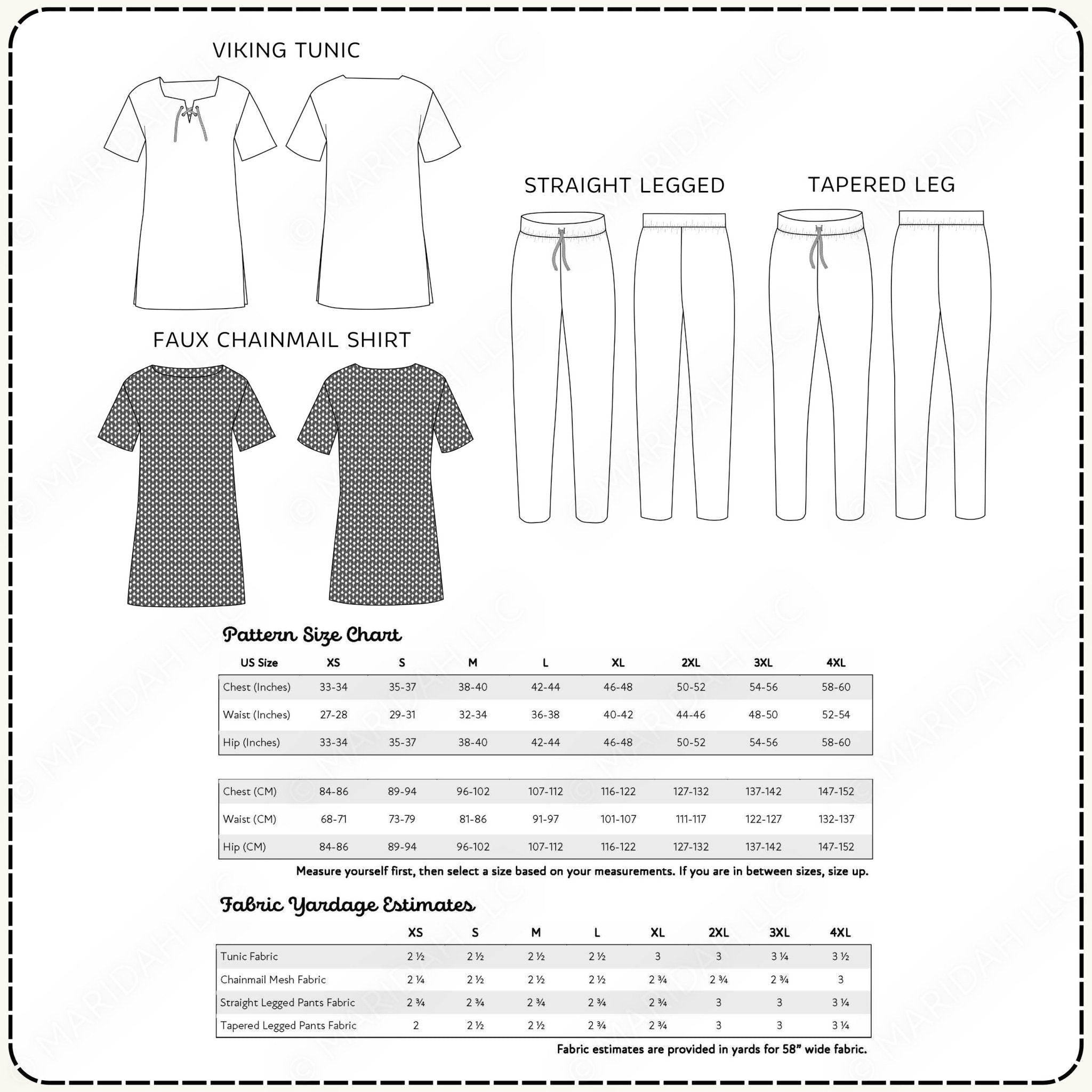 Pattern size chart and fabric yardage estimates for Viking tunic and pants design.