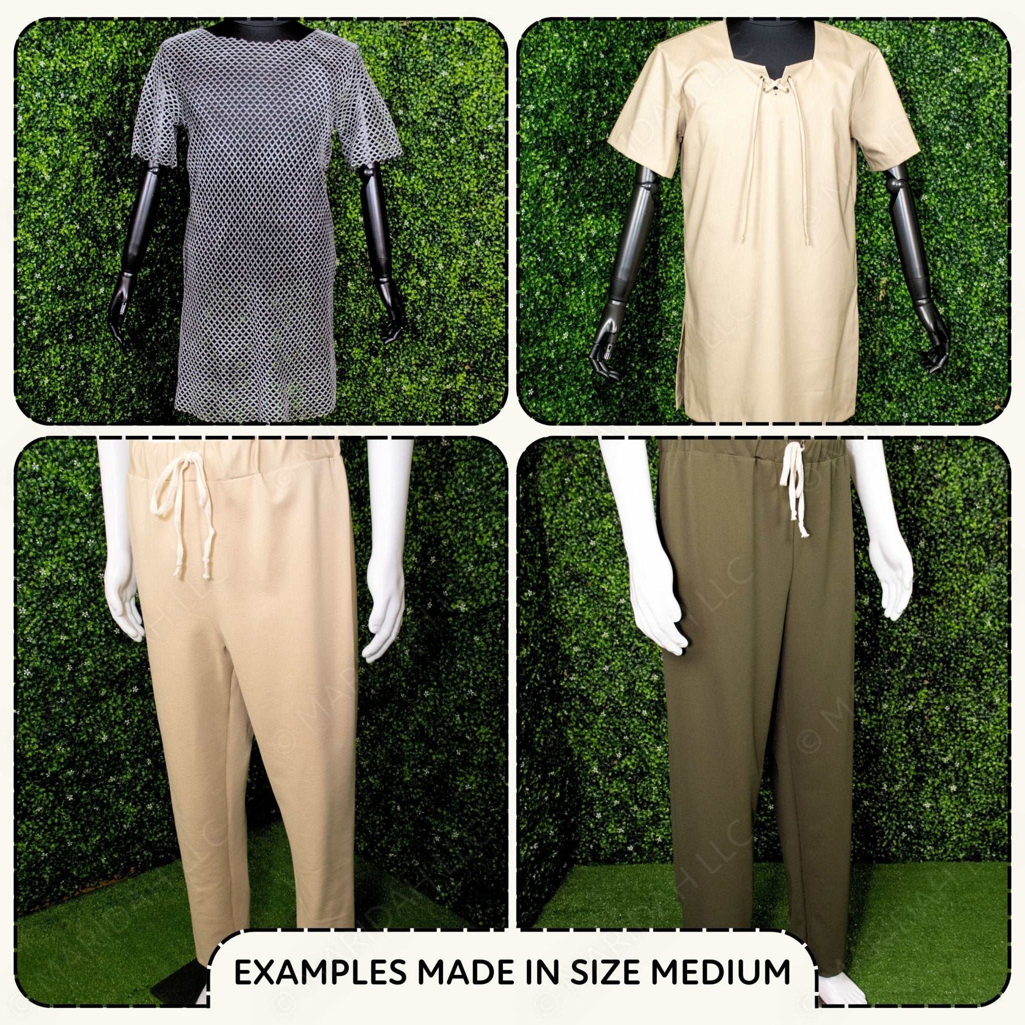 Four mannequin outfits displayed against a green leafy background.