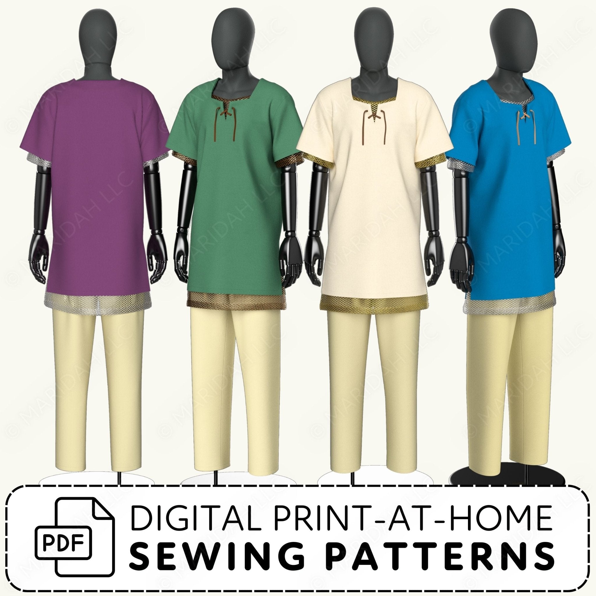 Four mannequins wearing colorful tops and beige pants with digital print-at-home sewing patterns text.