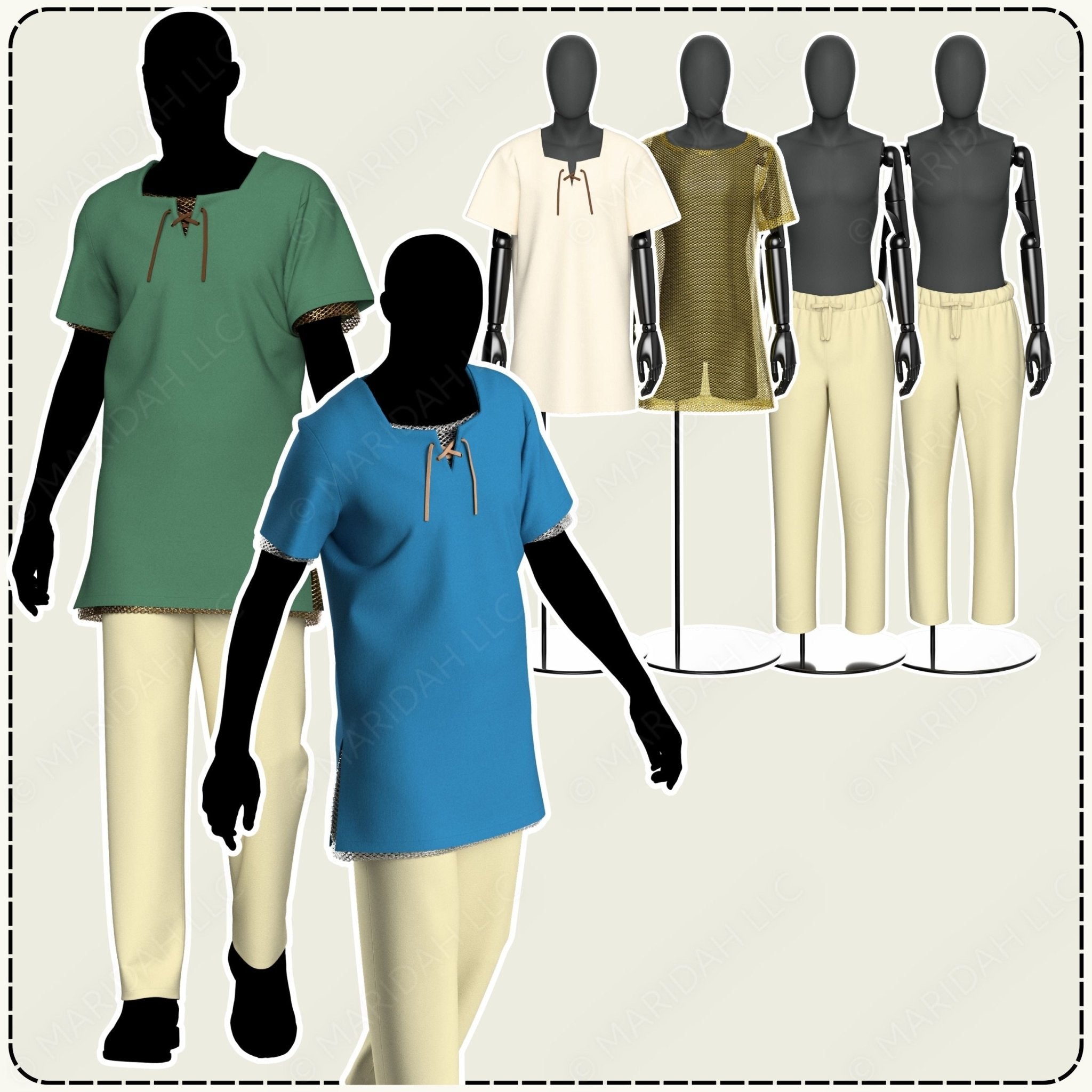 Mannequins wearing a variety of clothing items including shirts and pants on a plain background.