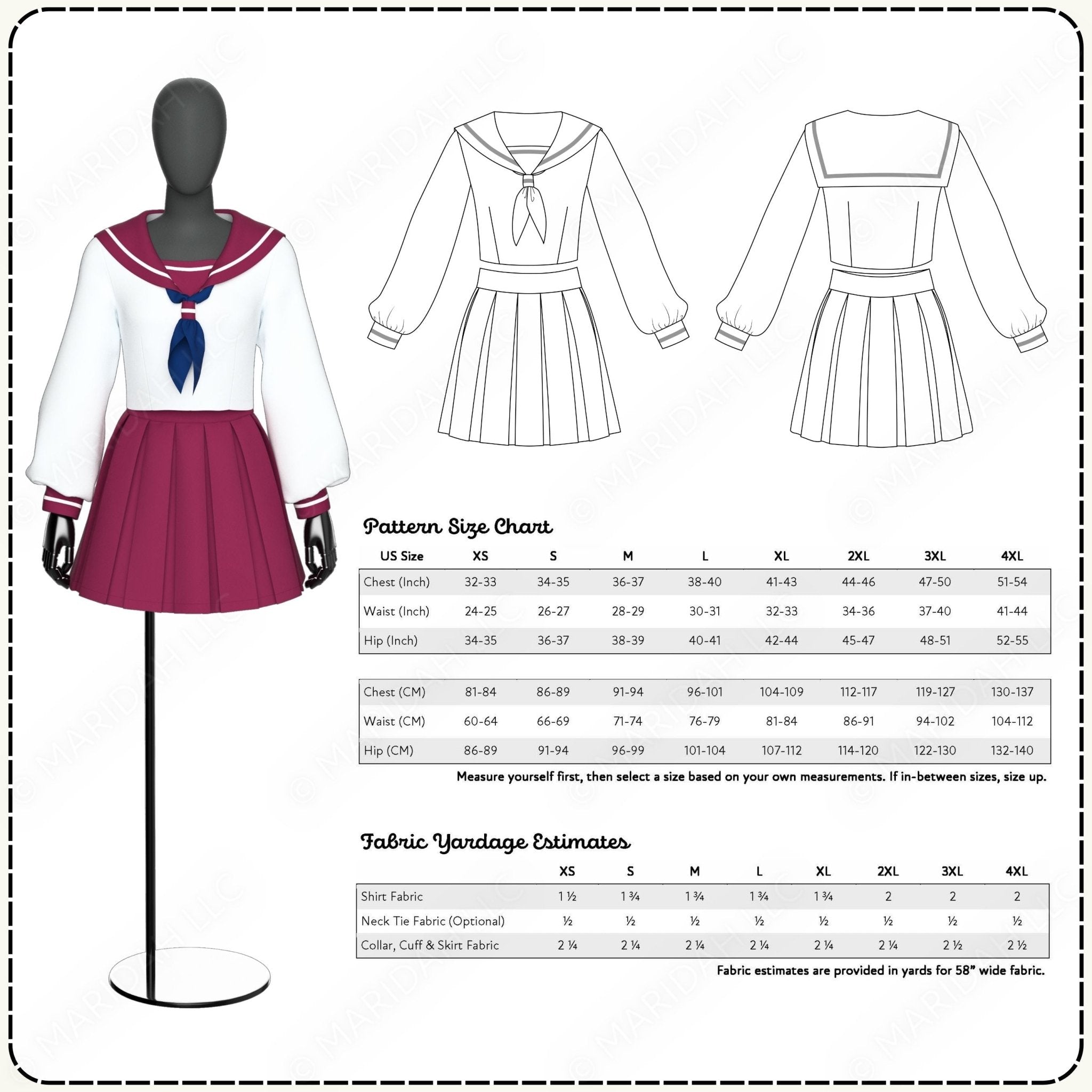School uniform design with size chart and fabric yardage estimates on a white background