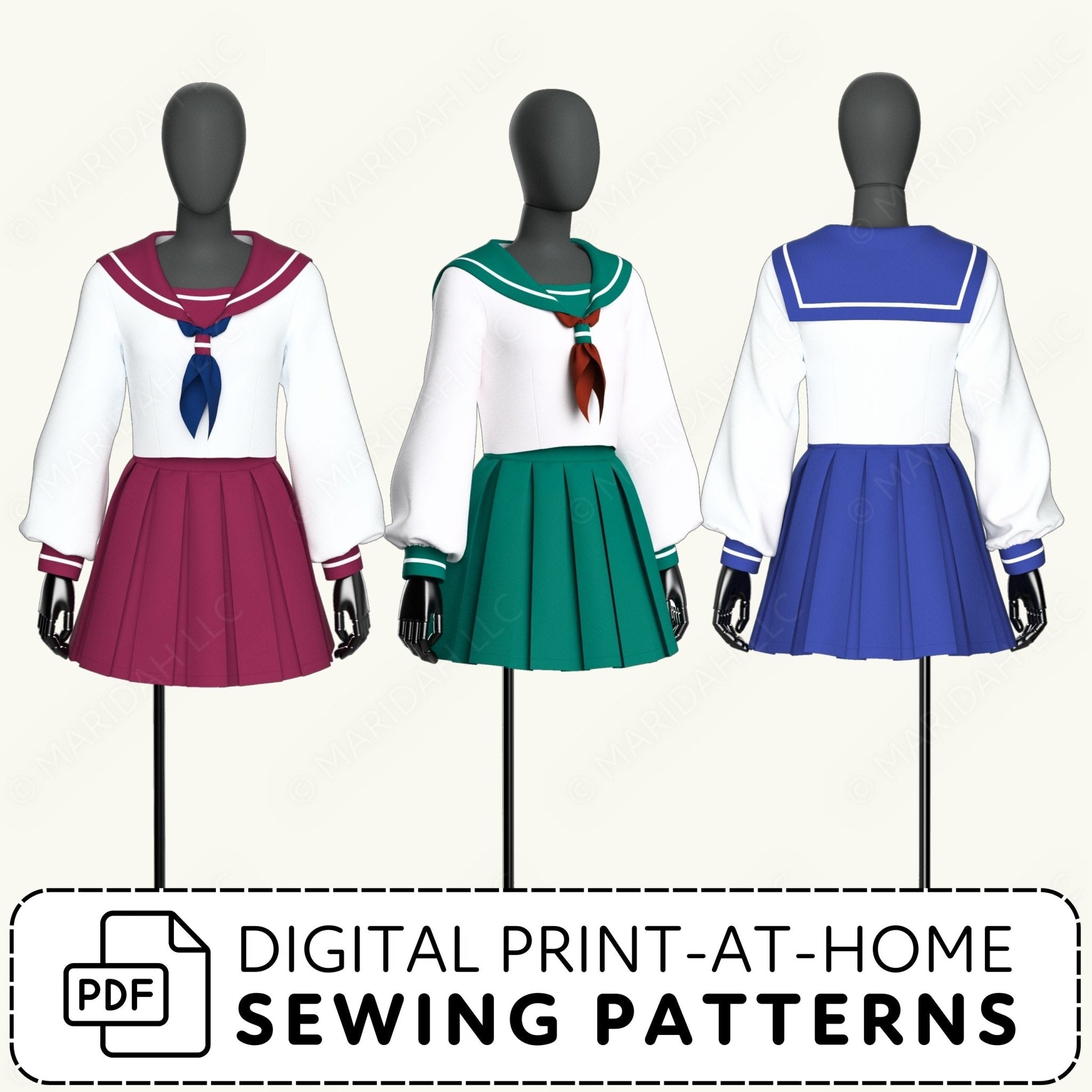 Three mannequins wearing different colored school uniform sets with digital print-at-home sewing patterns text.