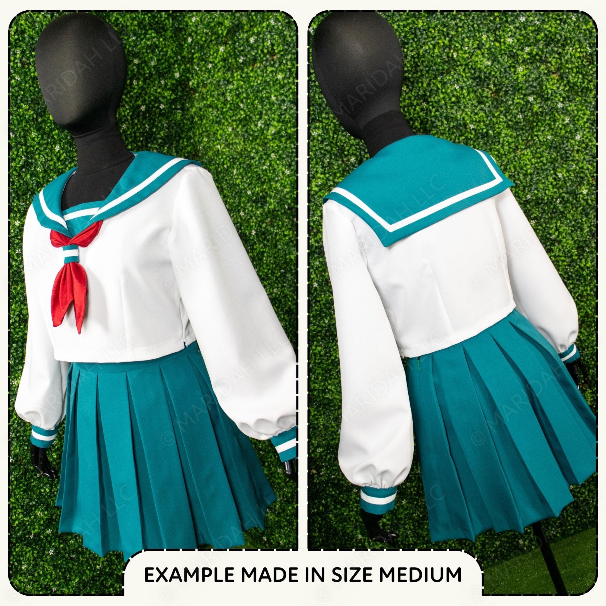 Two views of a school uniform with a white shirt, green pleated skirt, and red bow tie on a grass background.