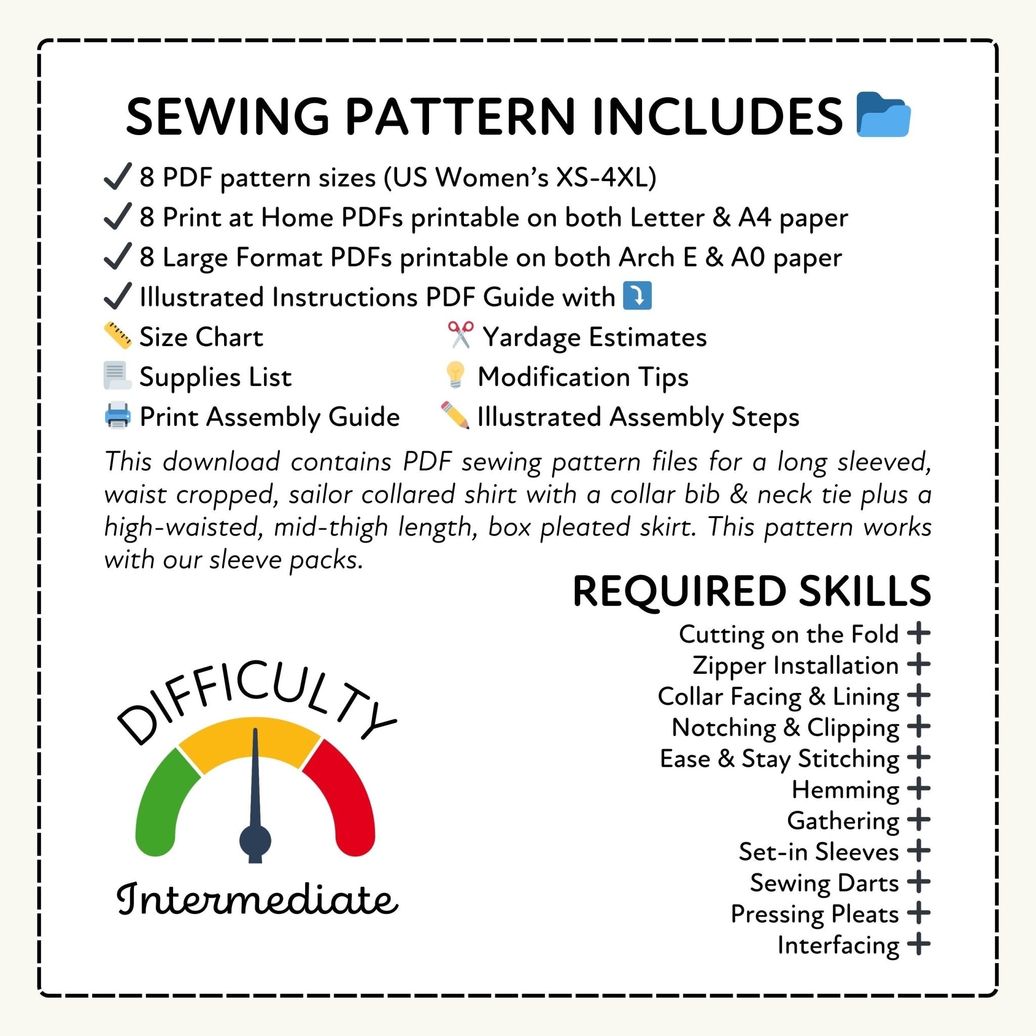 Sewing pattern information with PDF sizes, instructions, and difficulty rating.