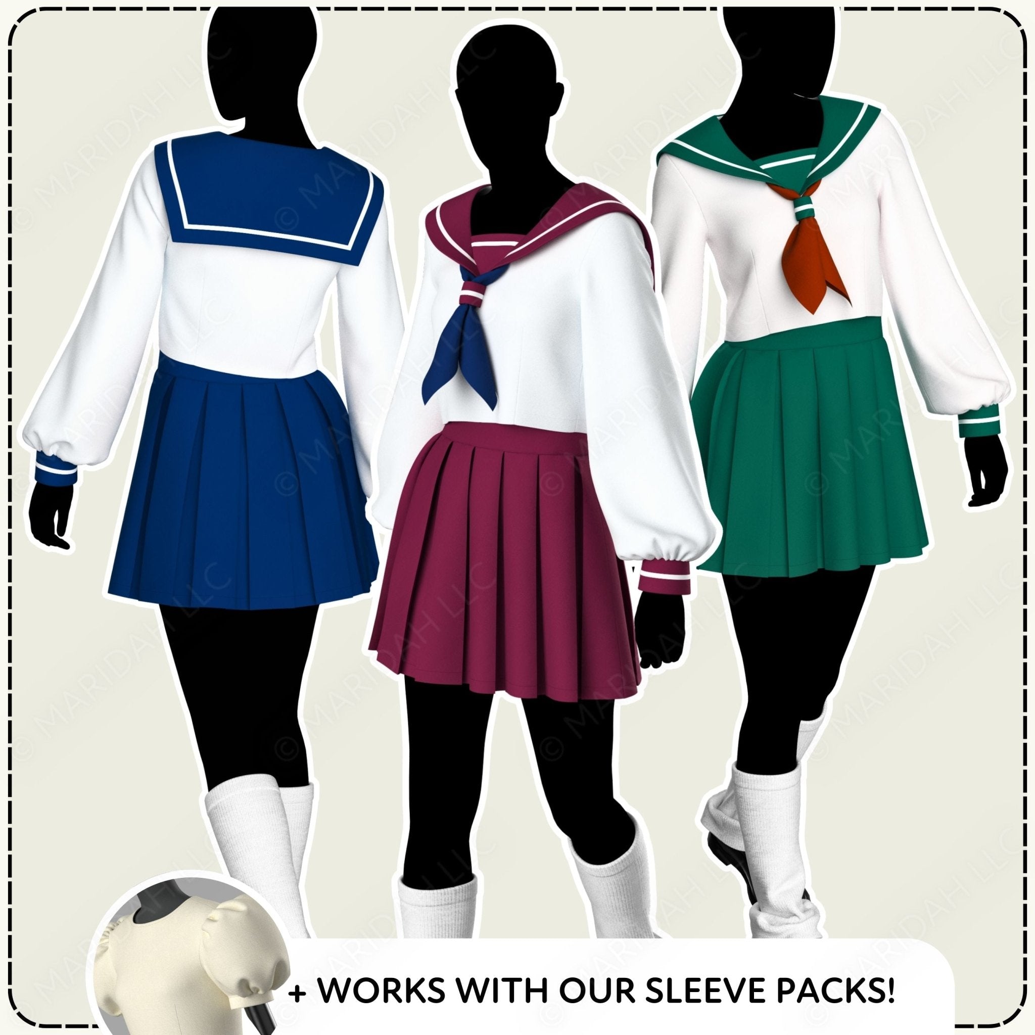 Three mannequins wearing different colored school uniforms with text about sleeve packs.