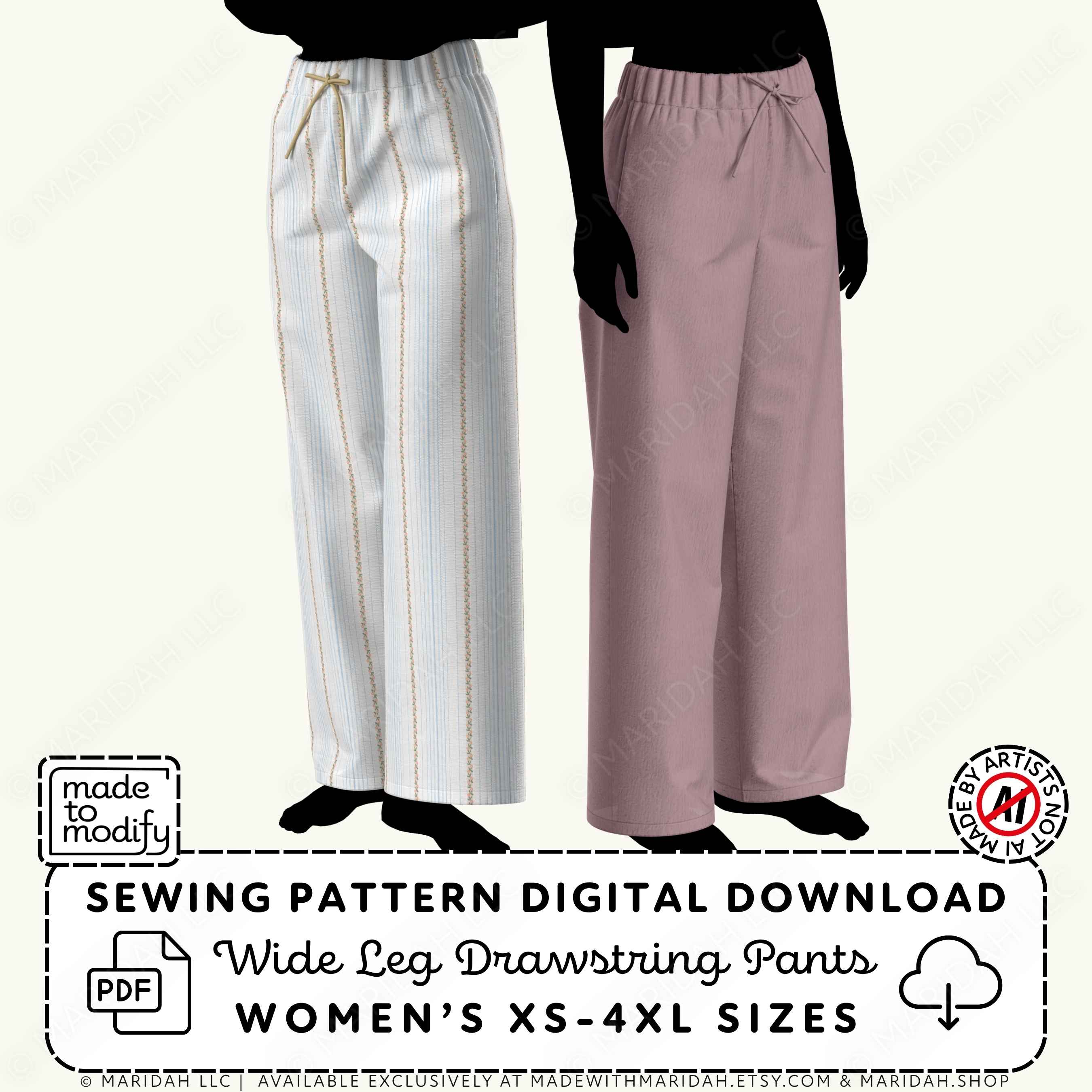 Two Models wearing drawstring pants with the text Sewing Pattern Digital Download Wide Leg Drawstring Pants XS-4XL
