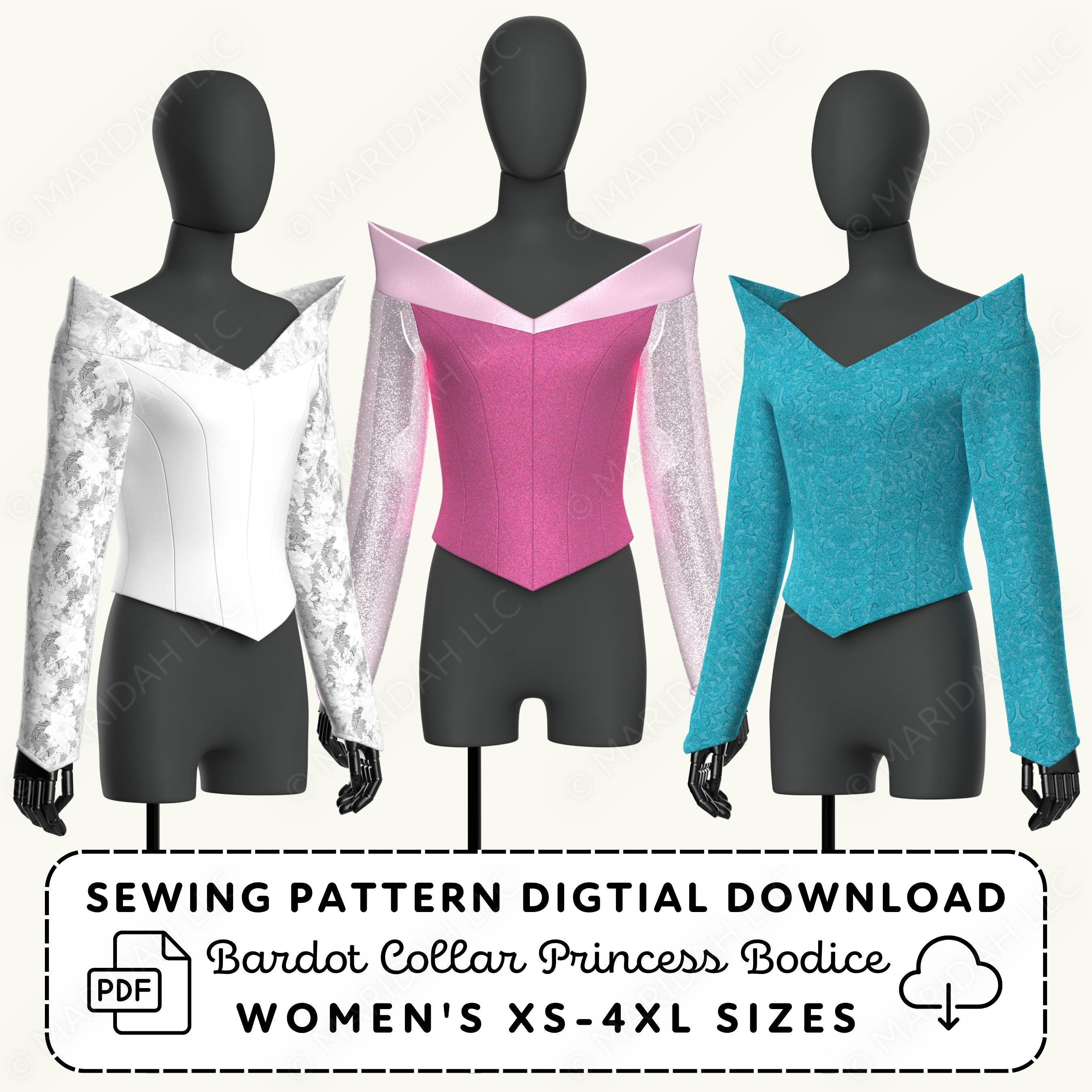 Three mannequins wearing different colored bardot collar princess bodices with a sewing pattern digital download text.