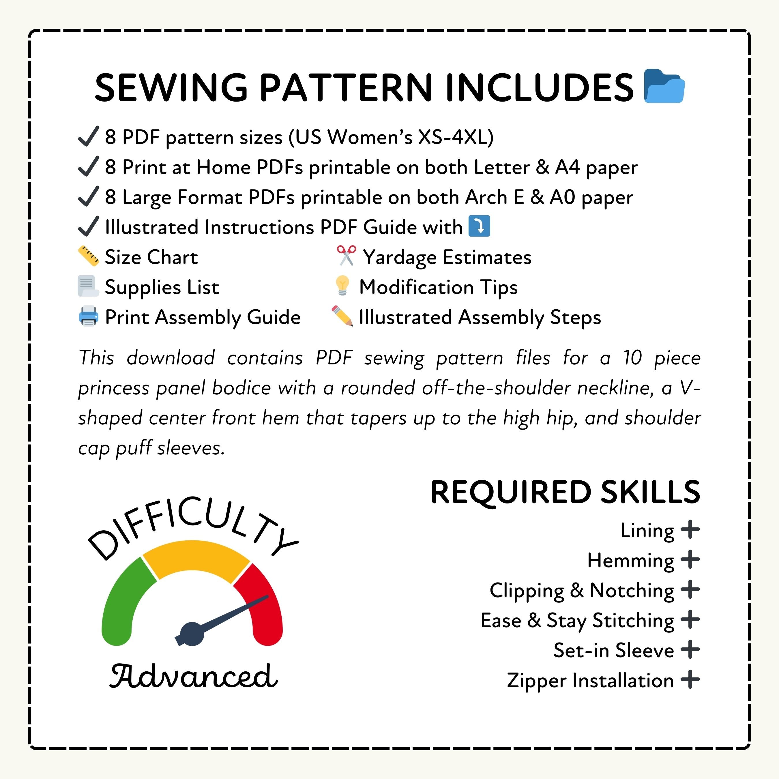 Sewing pattern information with PDF sizes, print formats, and required skills listed.