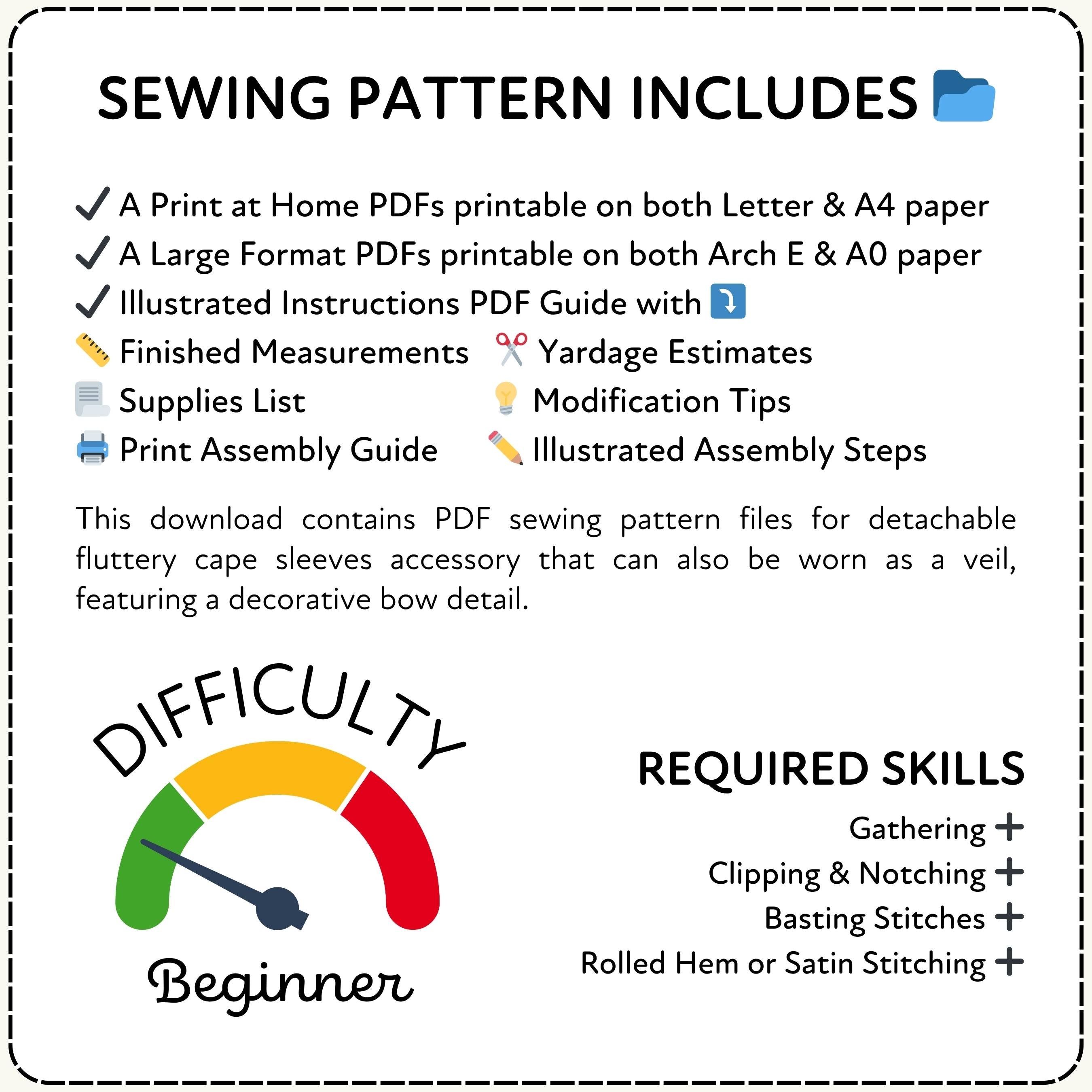 Sewing pattern information with PDFs, instructions, and difficulty rating on a white background.