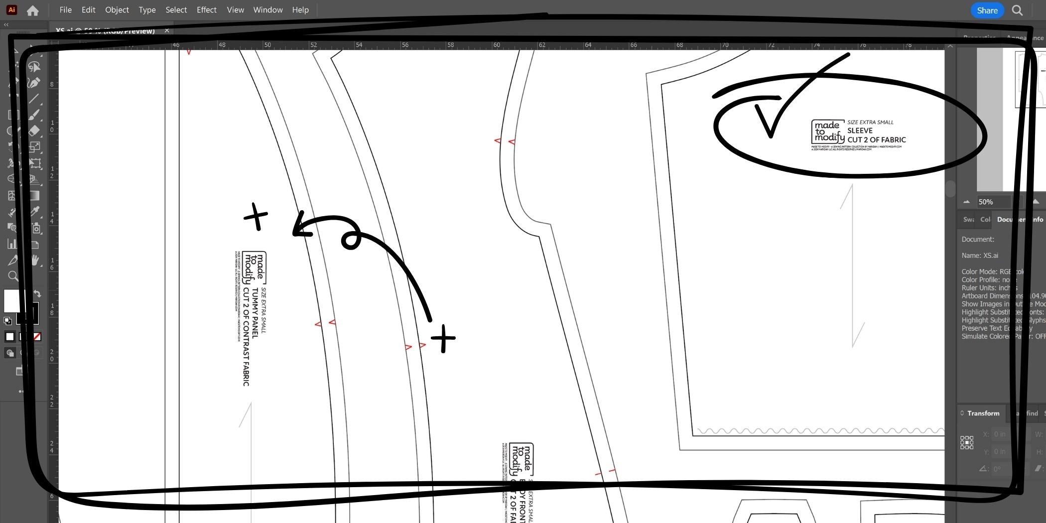 Screenshot of a pattern file open in Adobe Illustrator with annotations