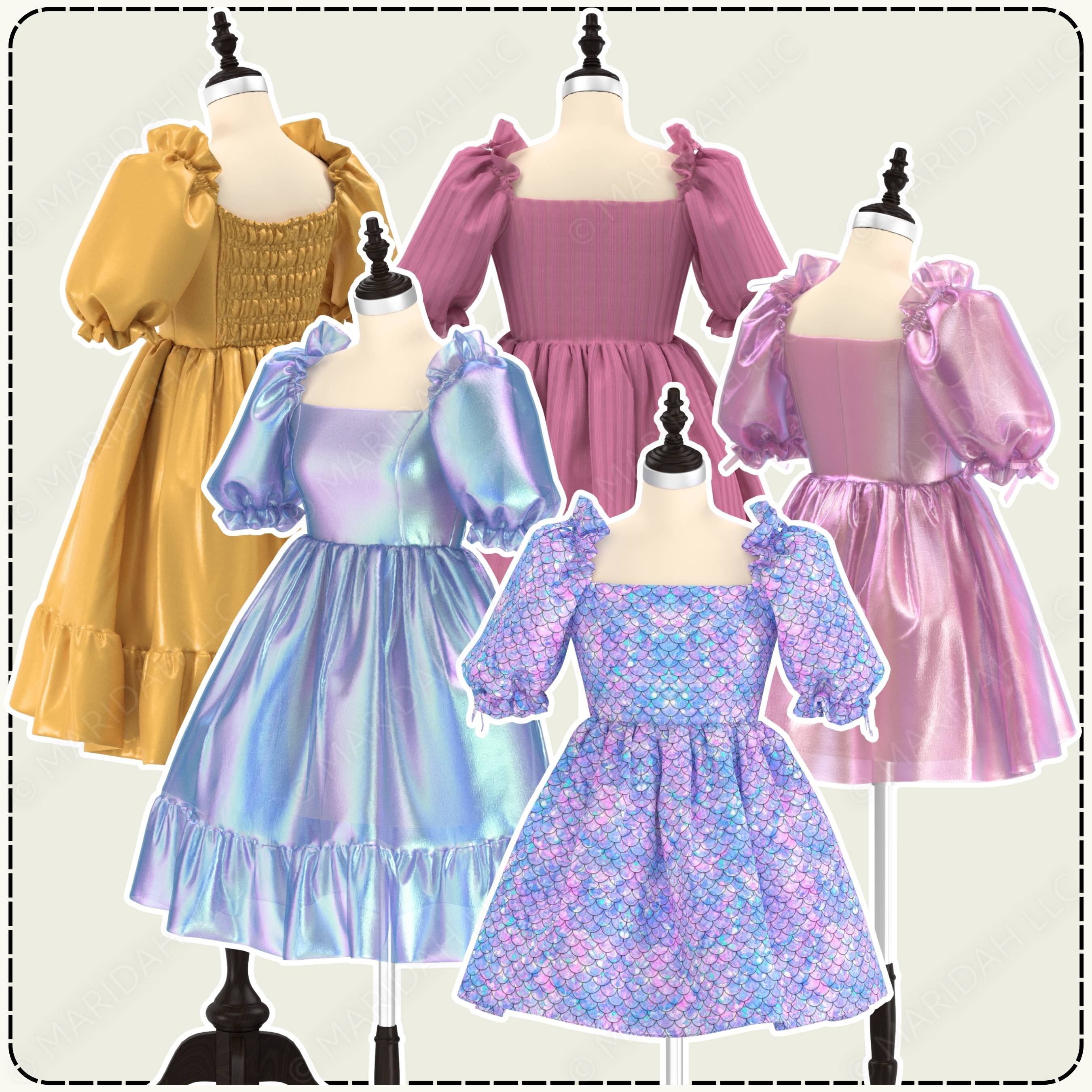 Collection of colorful dresses on mannequins against a white background