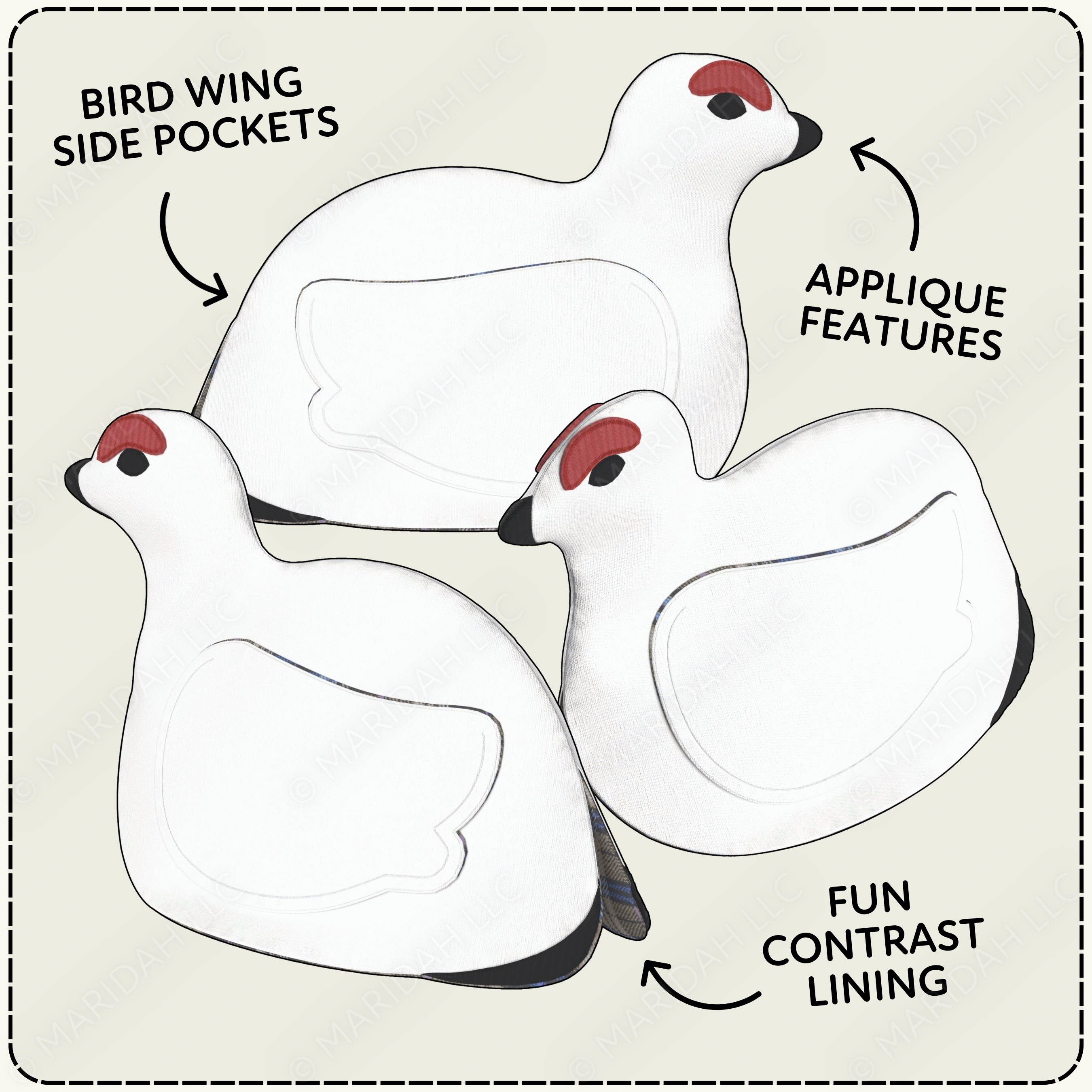 3 views of a bird shaped oven mitt with features noted in text