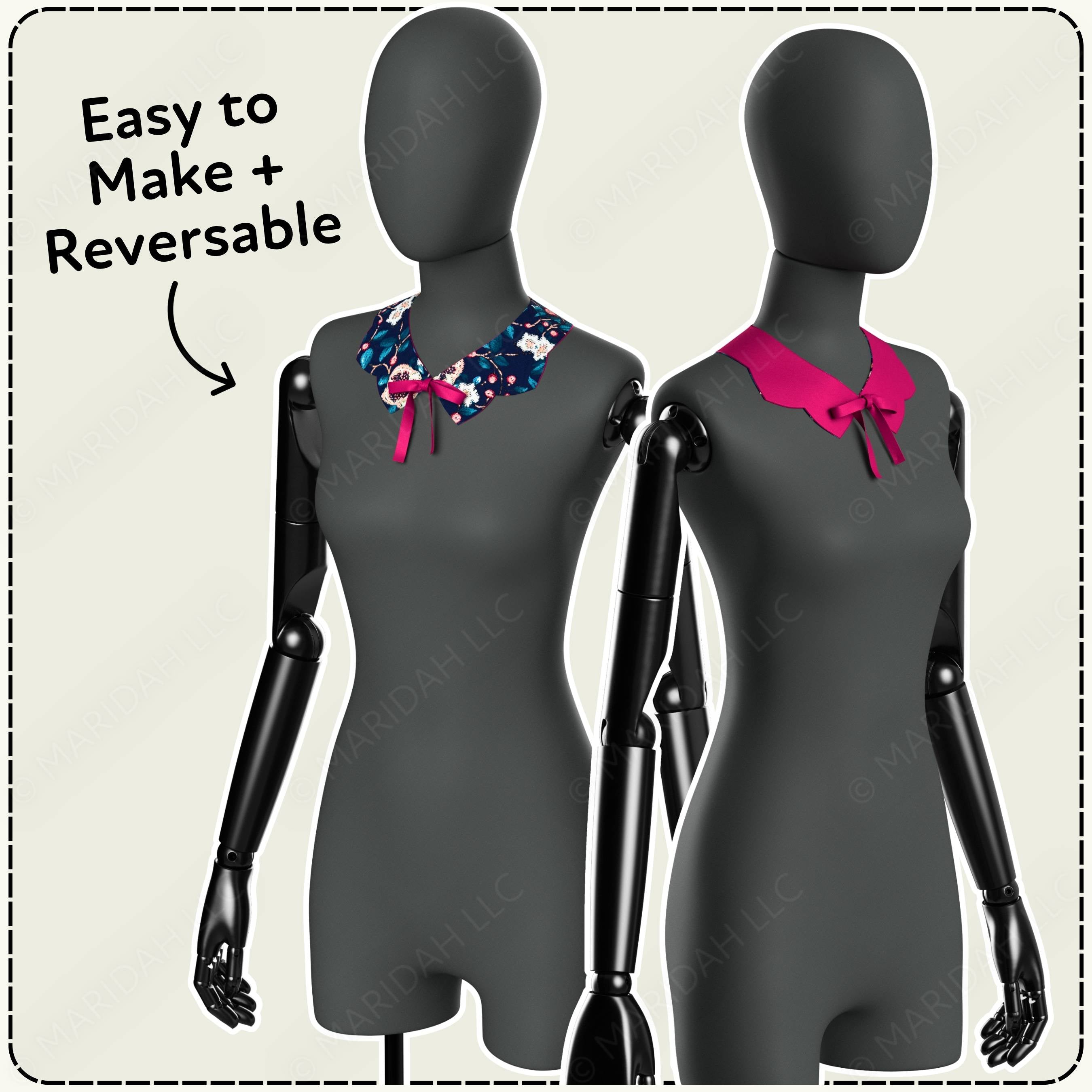 Two mannequins wearing reversible collars with text &