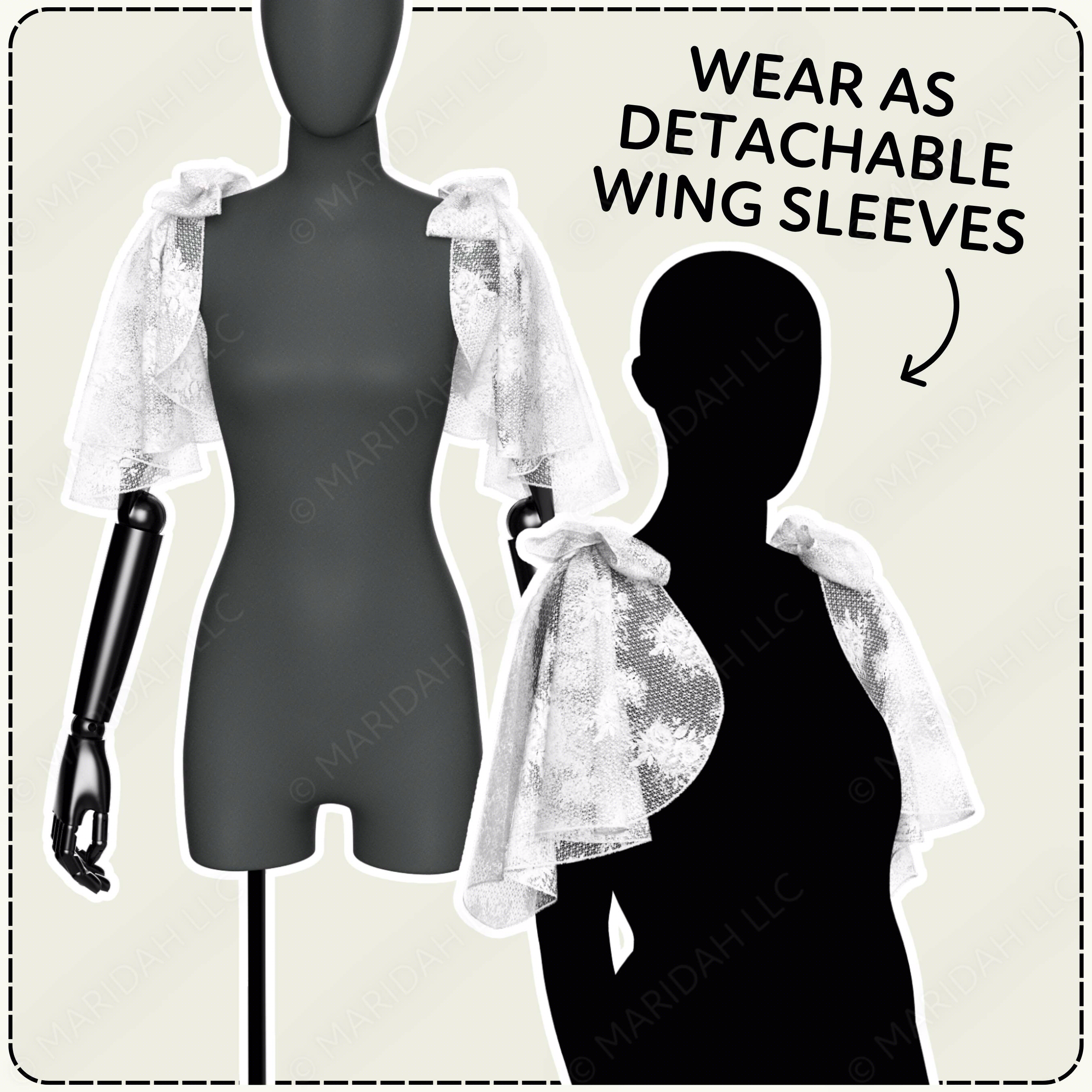 Mannequin wearing detachable wing sleeves with text indicating their use.