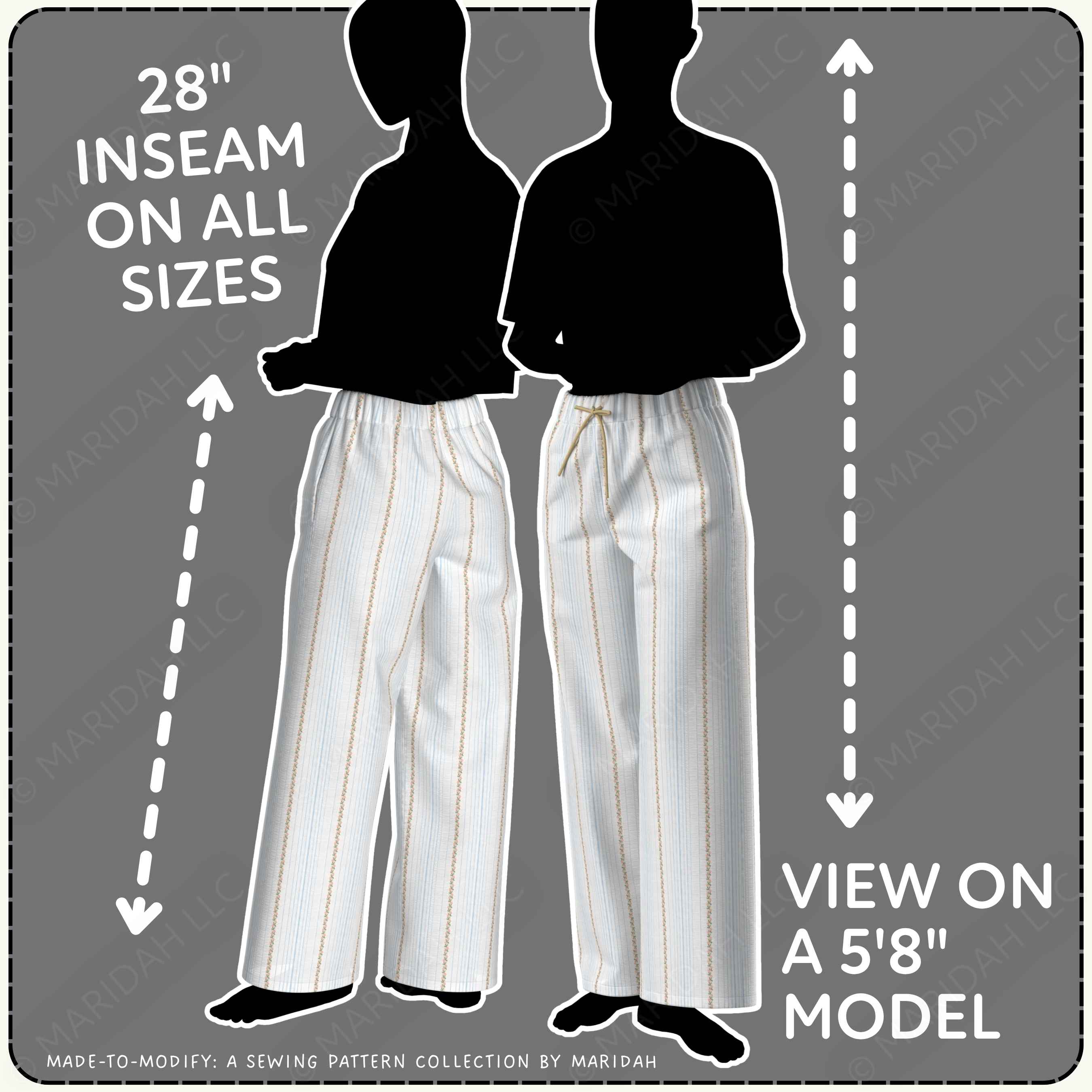 Illustration of two silhouettes wearing pants with inseam information on a gray background