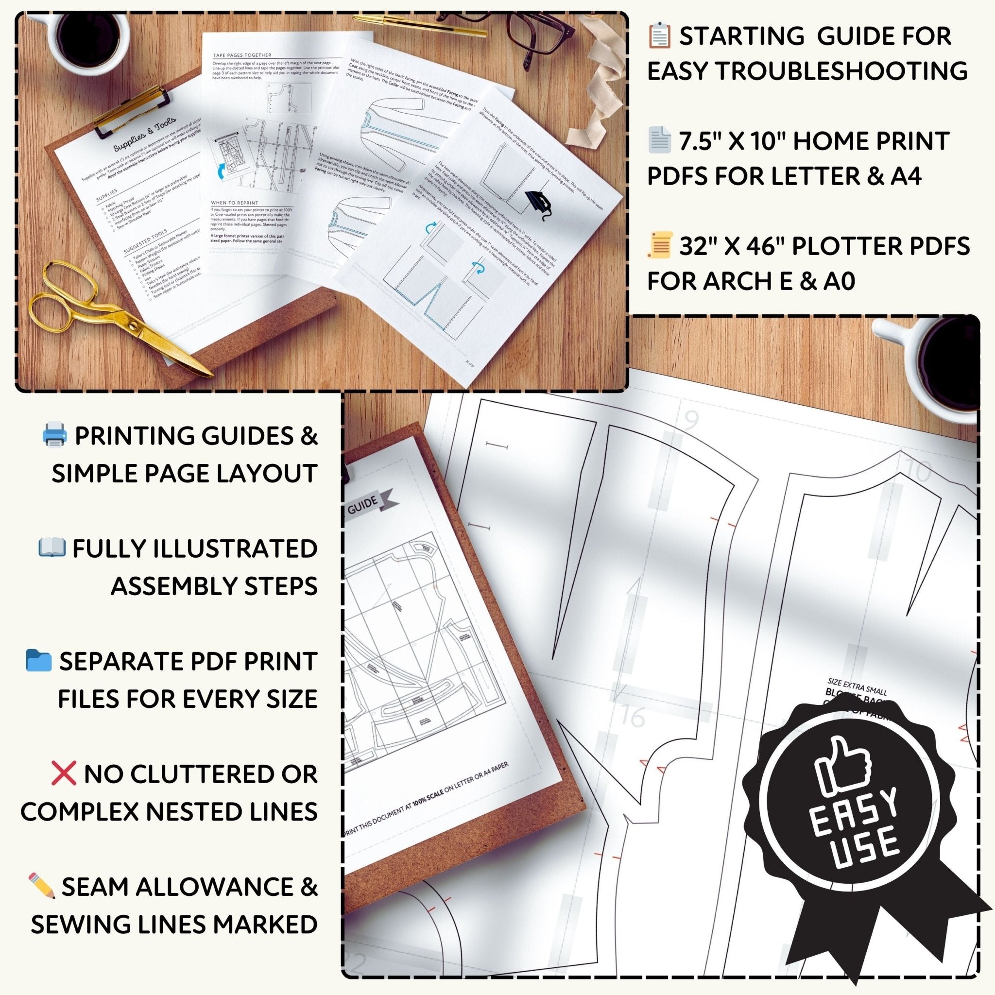 Printed sewing patterns on a table with tools and a coffee cup, featuring text about printing guides and assembly steps.