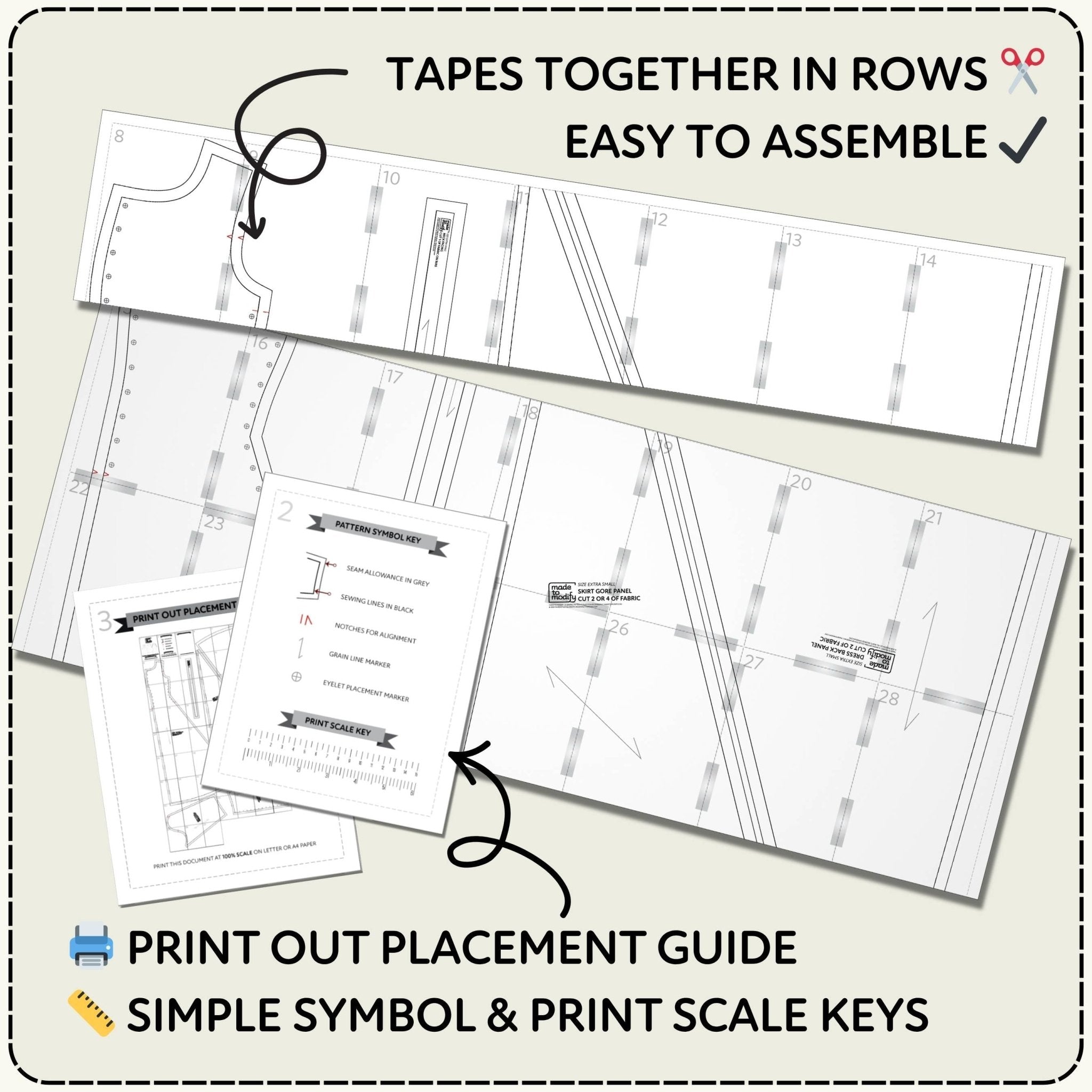Set of printed sewing patterns with text instructions on a light background