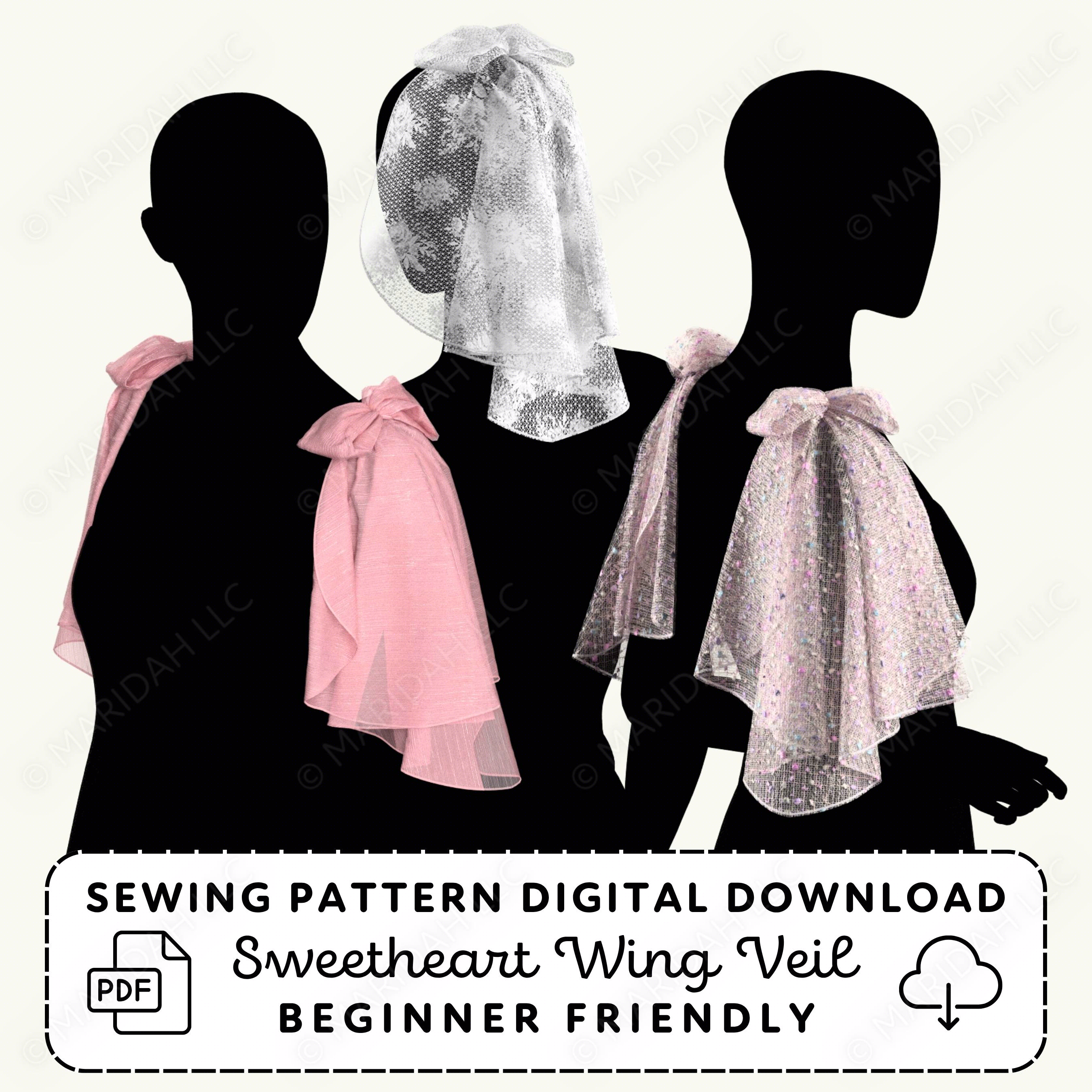 Silhouette of a woman wearing a sweetheart wing veil with text about a sewing pattern digital download.