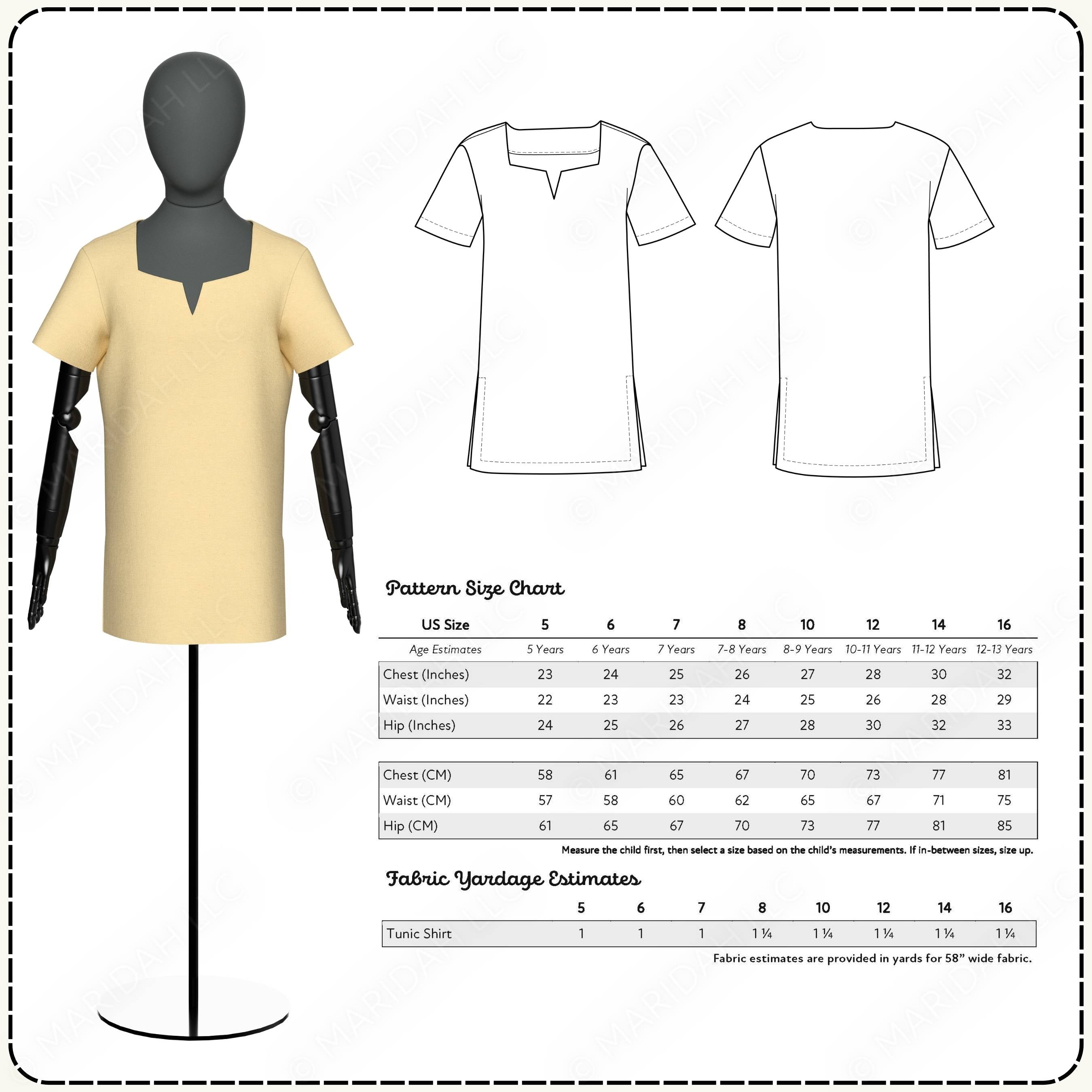 Mannequin wearing a yellow t-shirt with pattern size chart and fabric yardage estimator on a white background