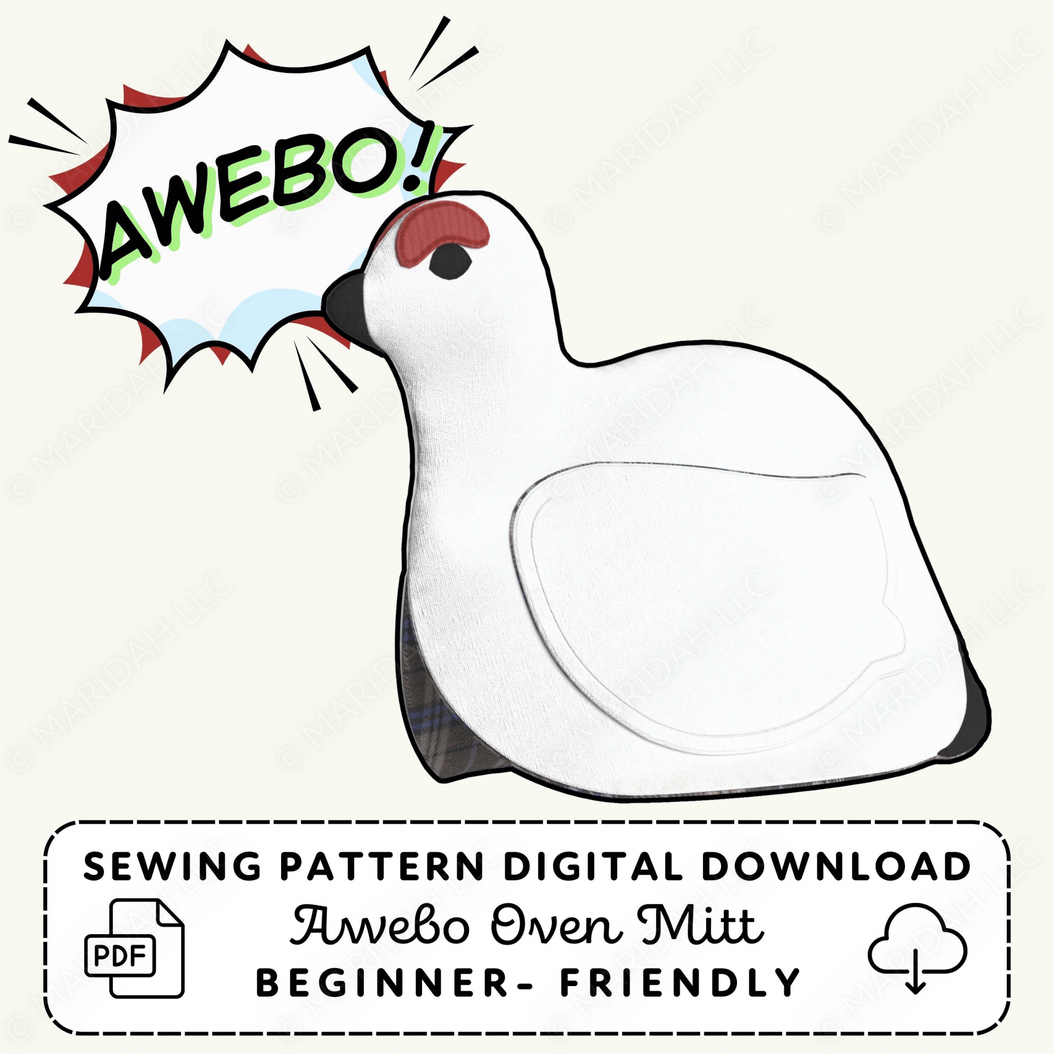 Sewing pattern digital download for an Awebo oven mitt with cartoon bird design and &