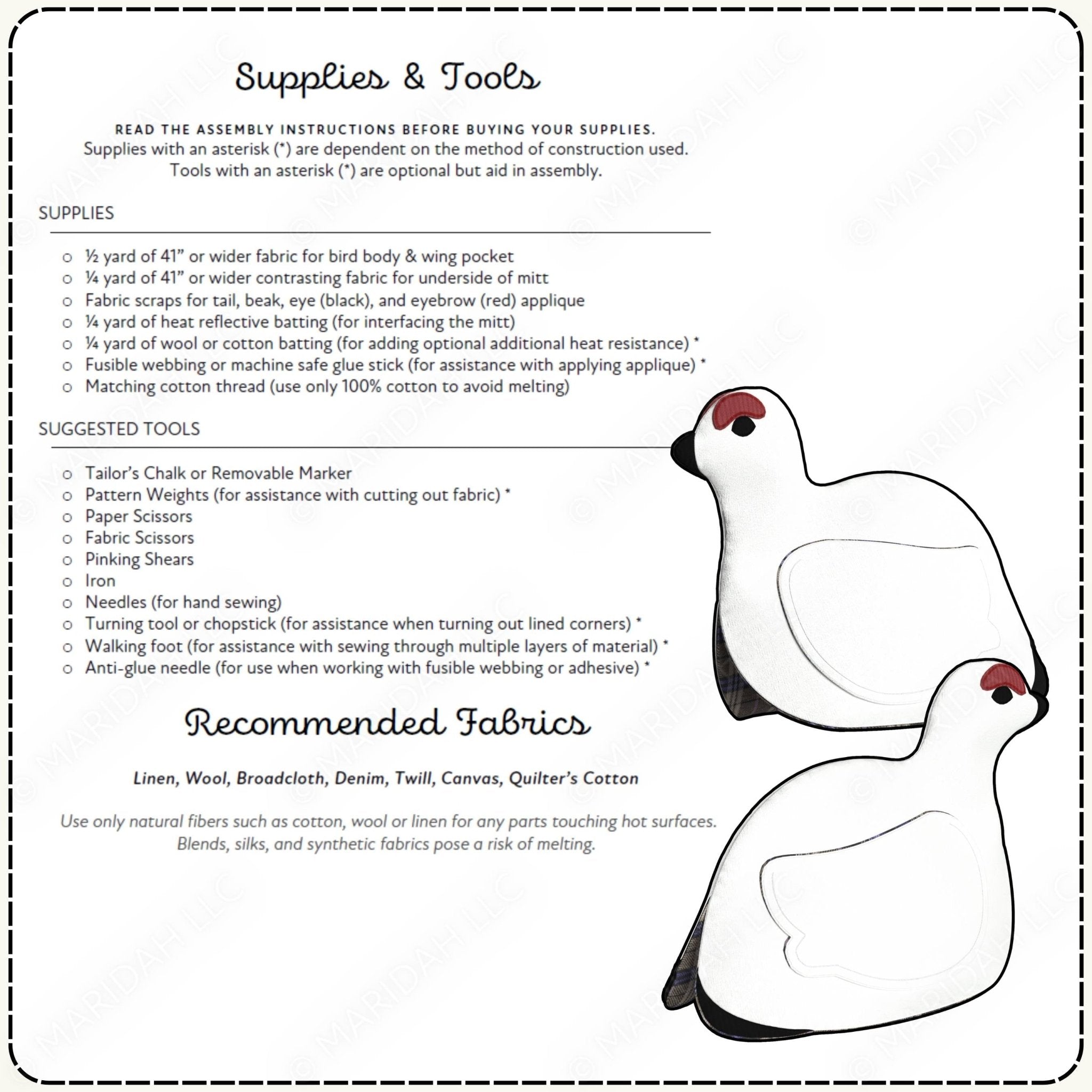 Supplies and tools list for bird oven mitt making with recommended fabrics on a white background.