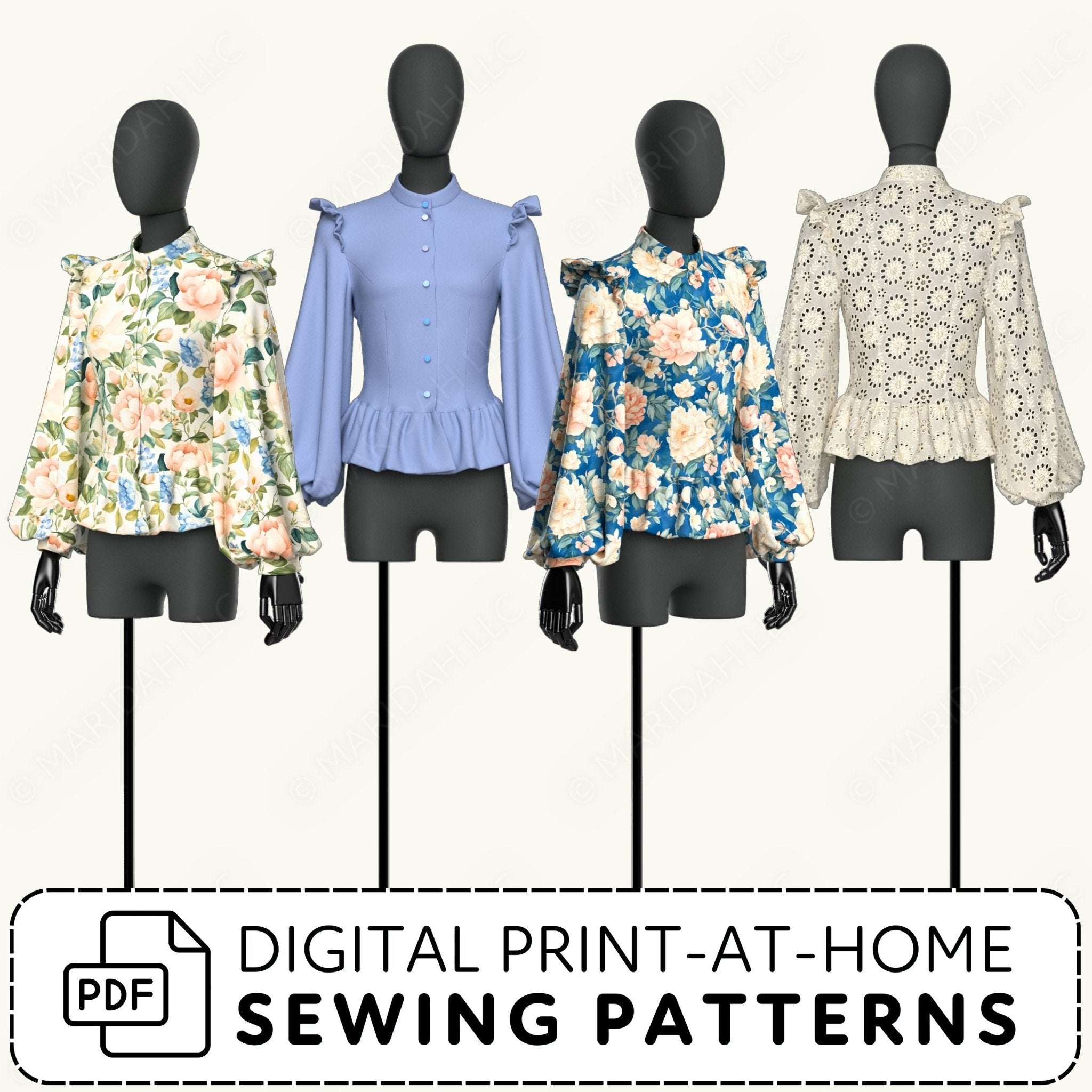 Mannequins wearing floral and blue tops with digital print-at-home sewing patterns text.