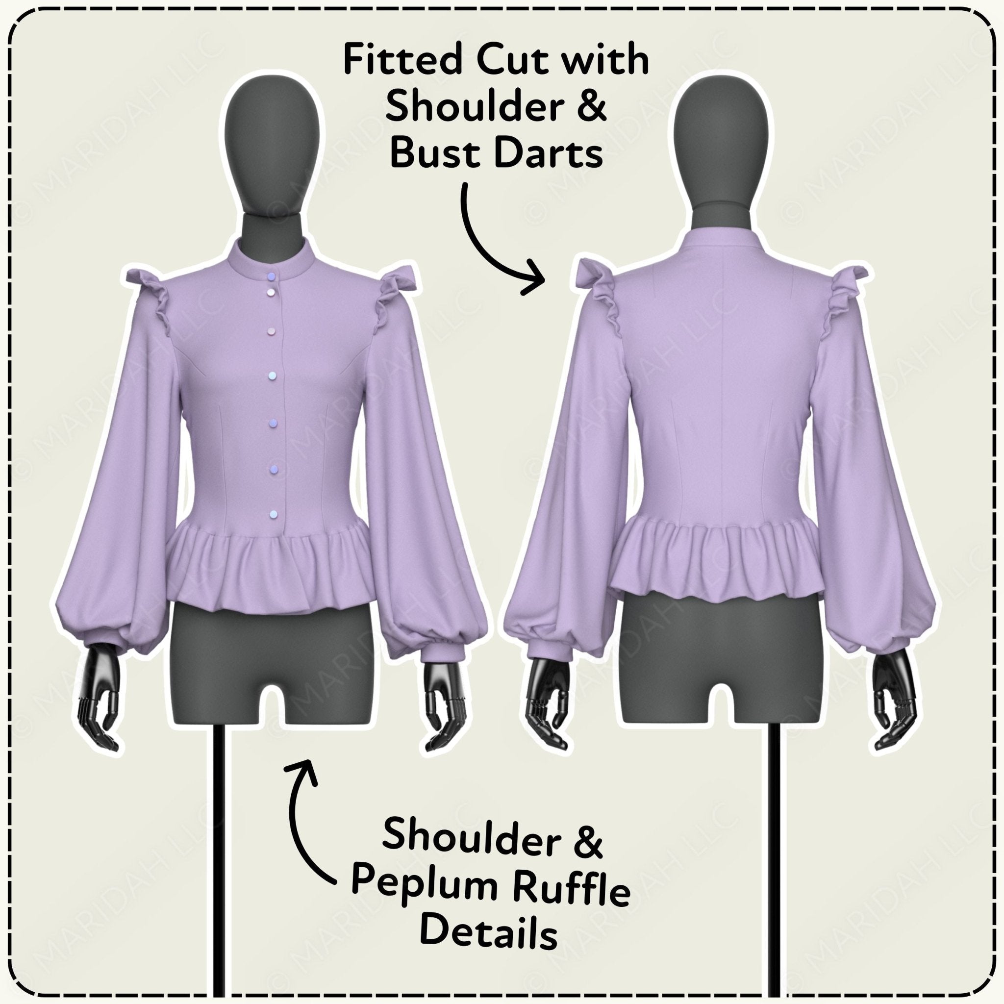 Purple blouse with fitted cut, shoulder darts, bust darts, and ruffled details on mannequins.