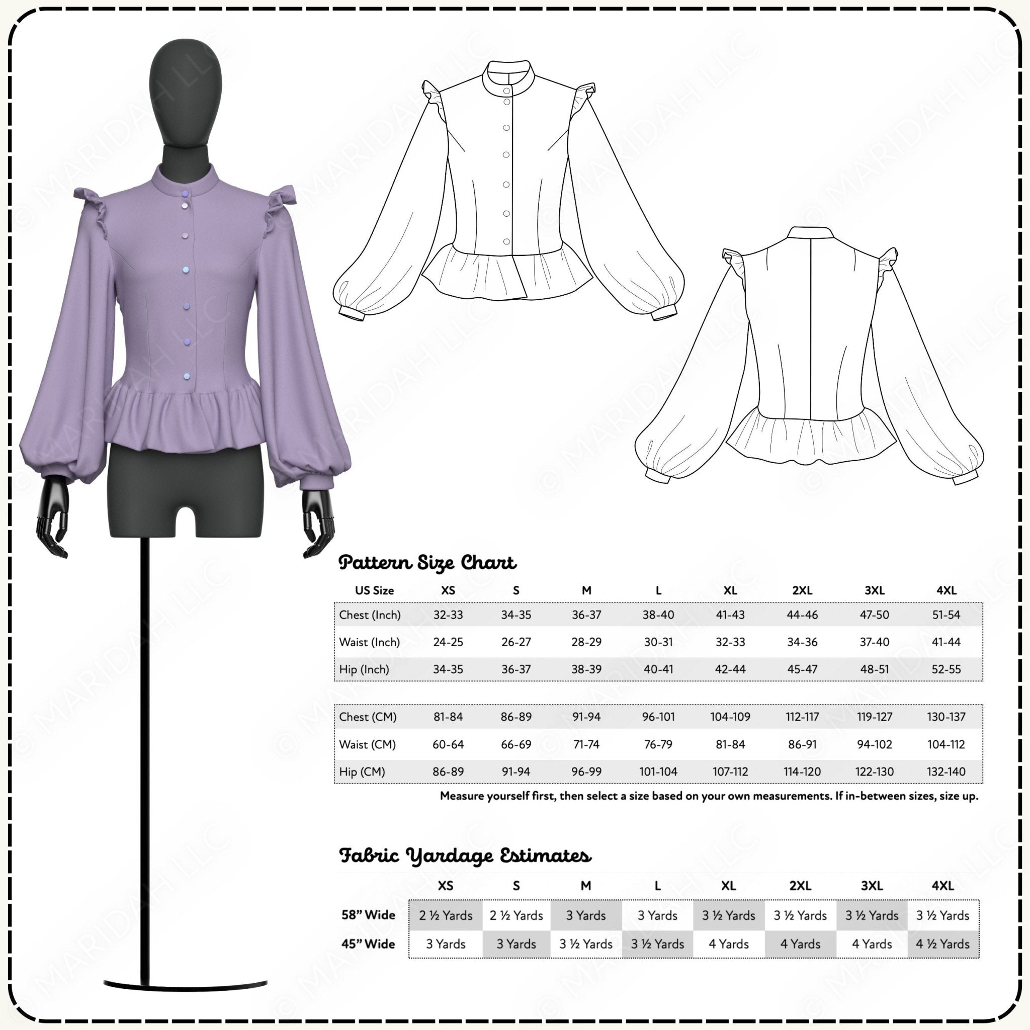 Sewing pattern for a blouse with size chart and fabric yardage estimates.