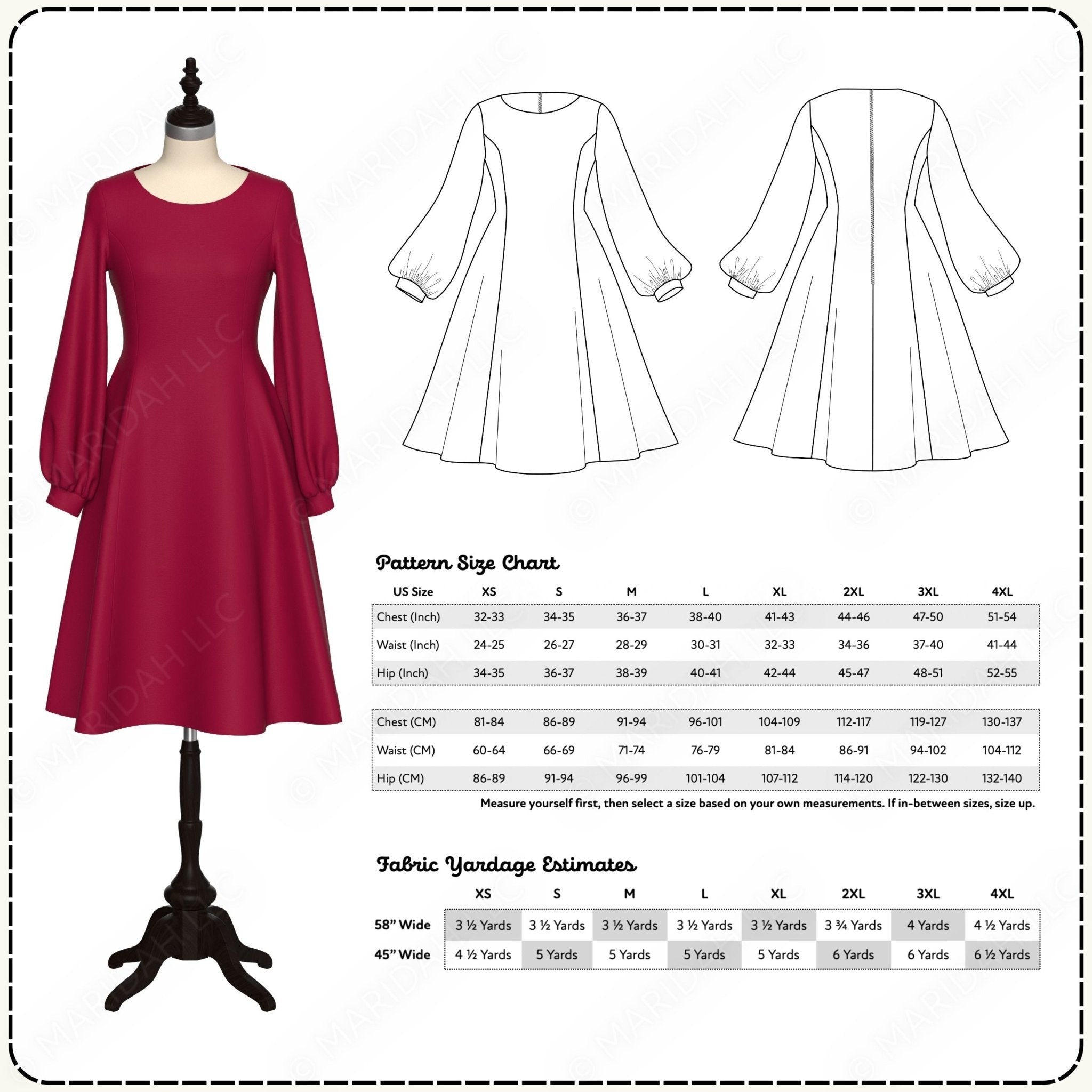 Red dress on a mannequin with pattern and size chart