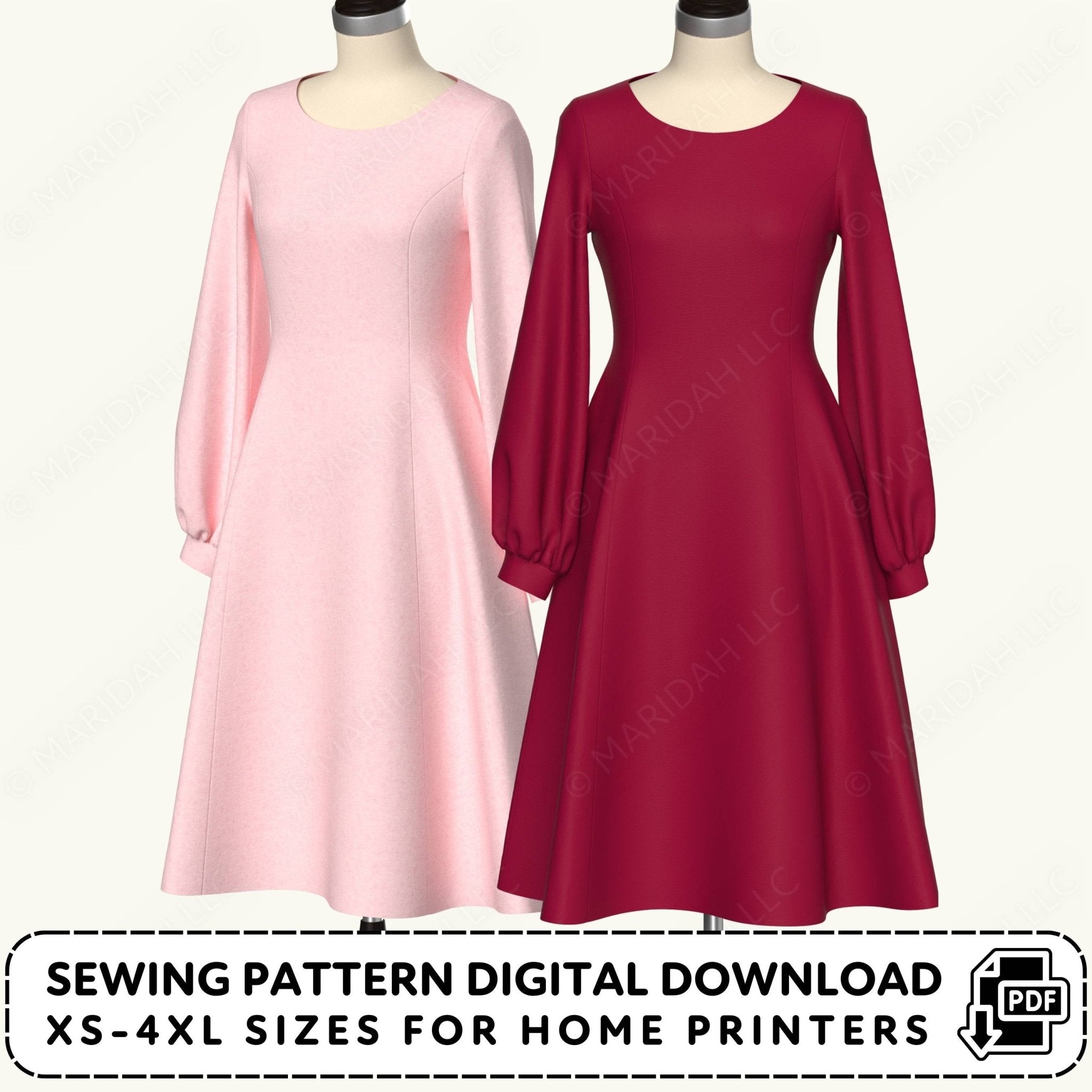 Two dresses, one pink and one red, on mannequins with sewing pattern digital download text.