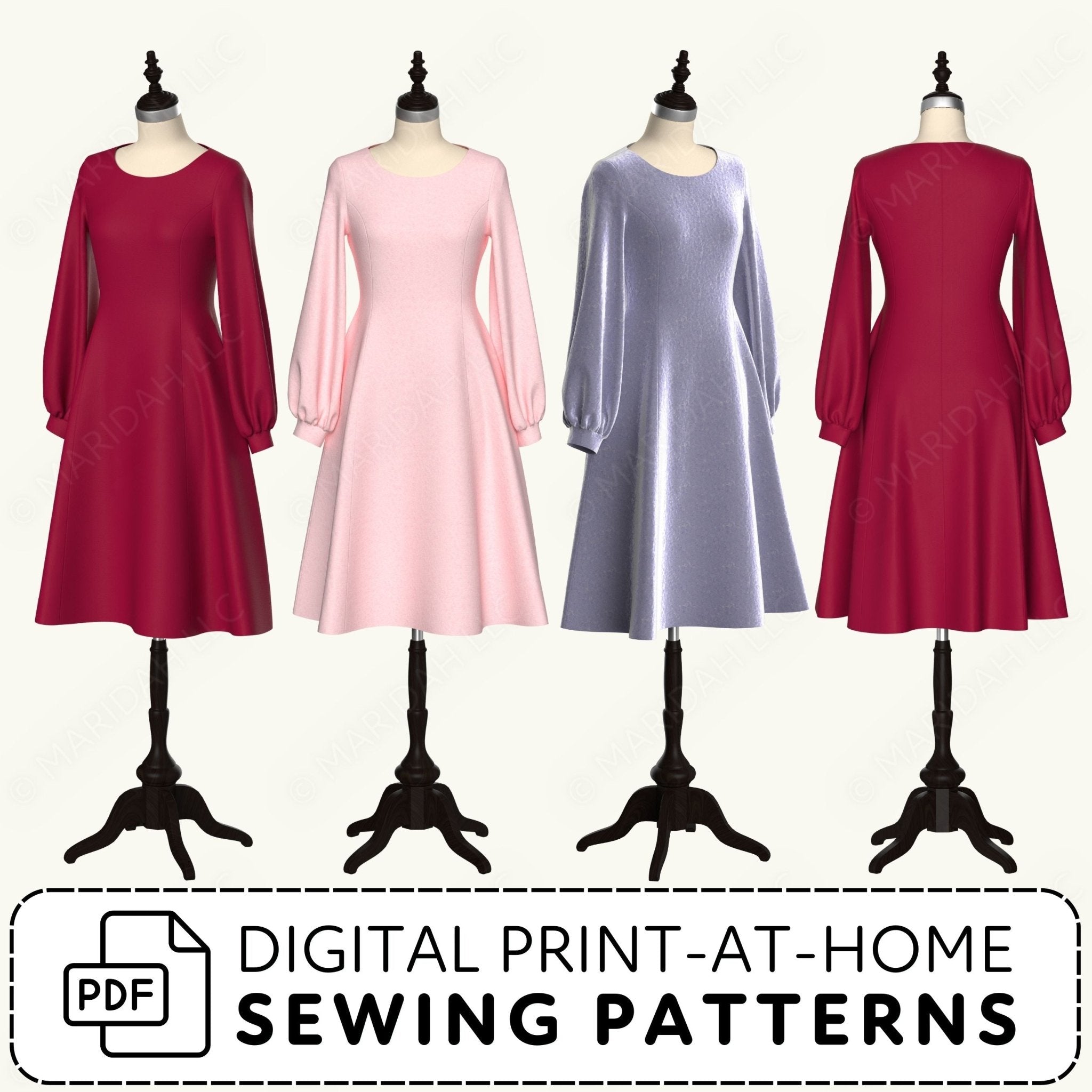 Four dresses on mannequins with digital print-at-home sewing patterns text.