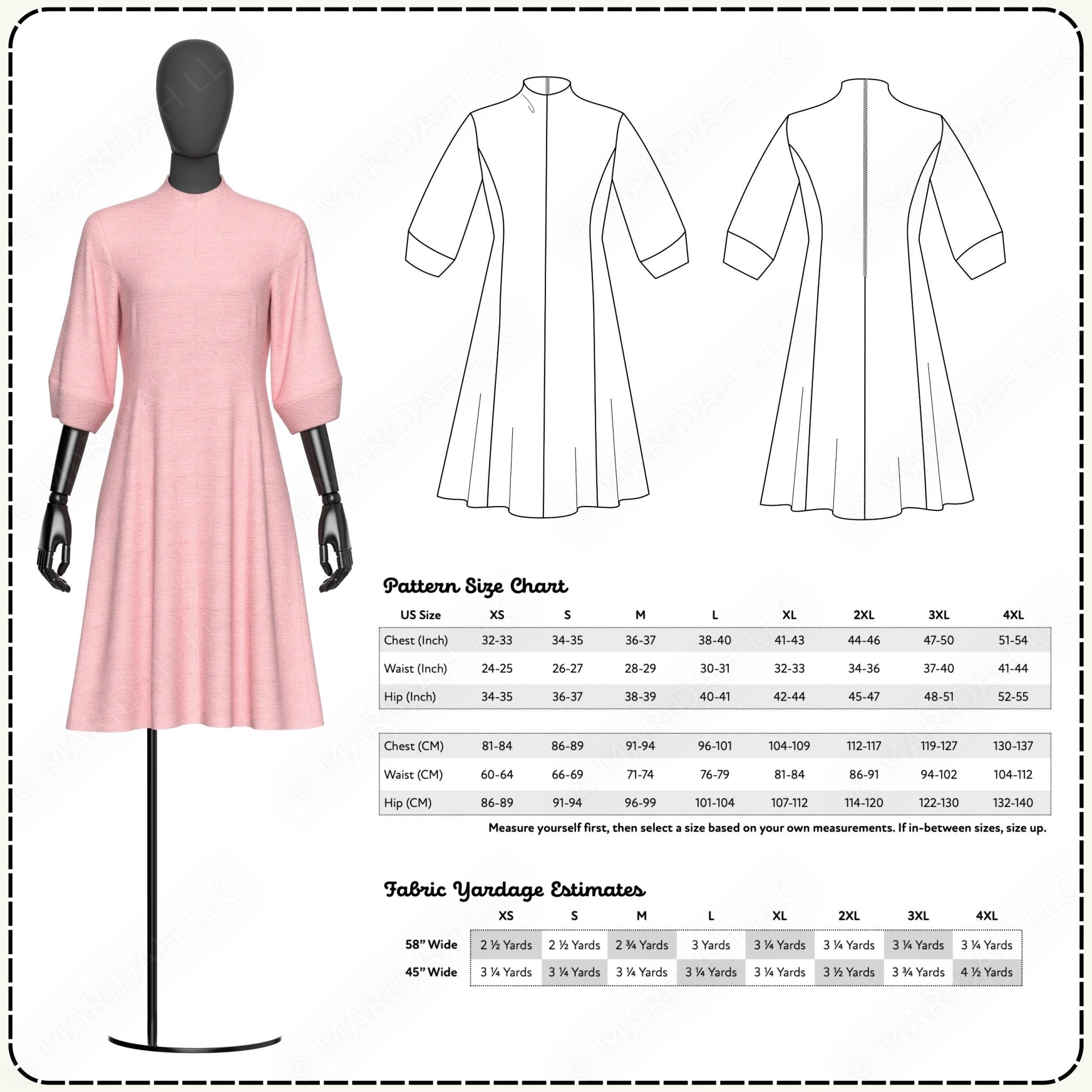 Fabric pattern with a pink dress on a mannequin, size chart, and fabric yardage estimates.