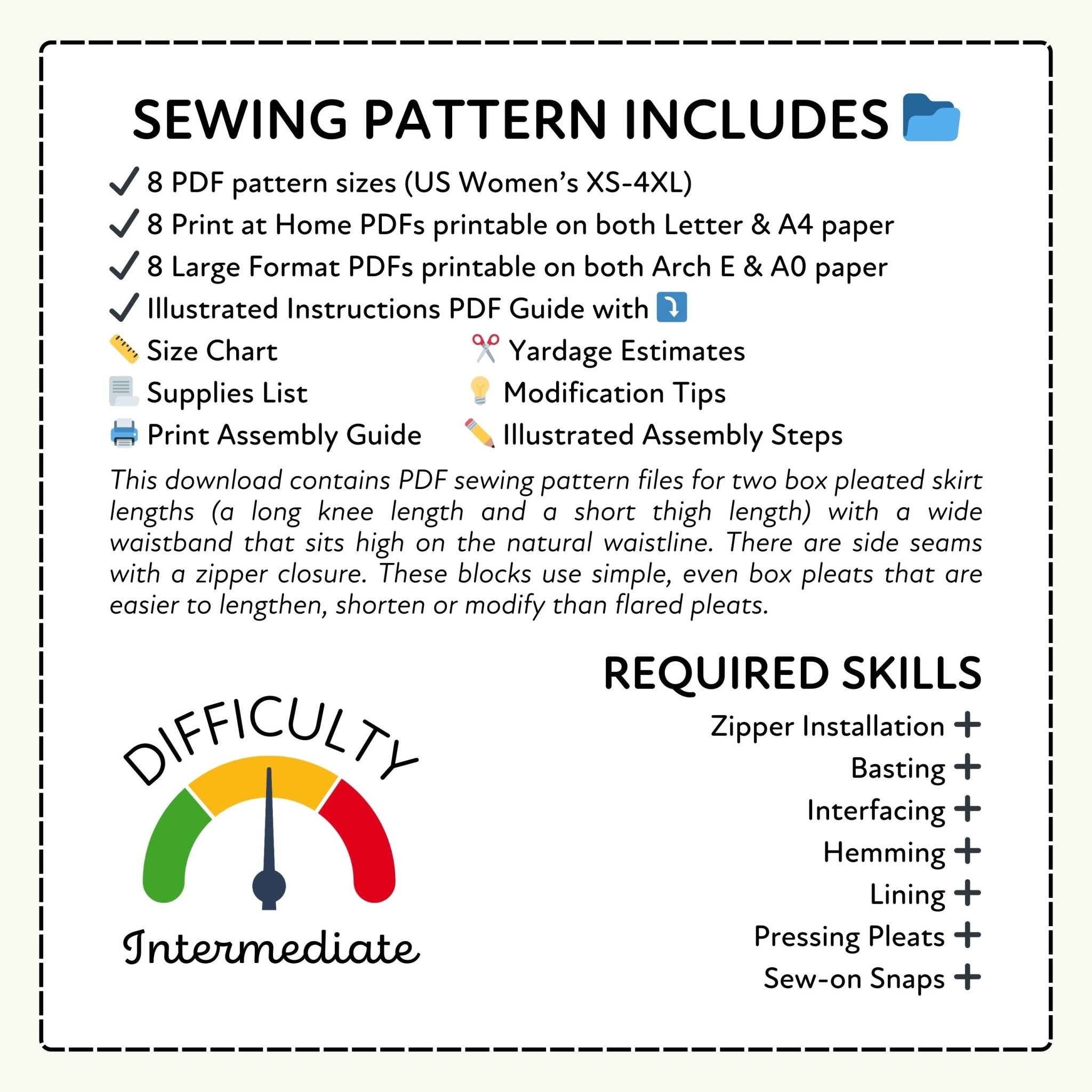 Sewing pattern information with PDF sizes, difficulty rating, and required skills listed.