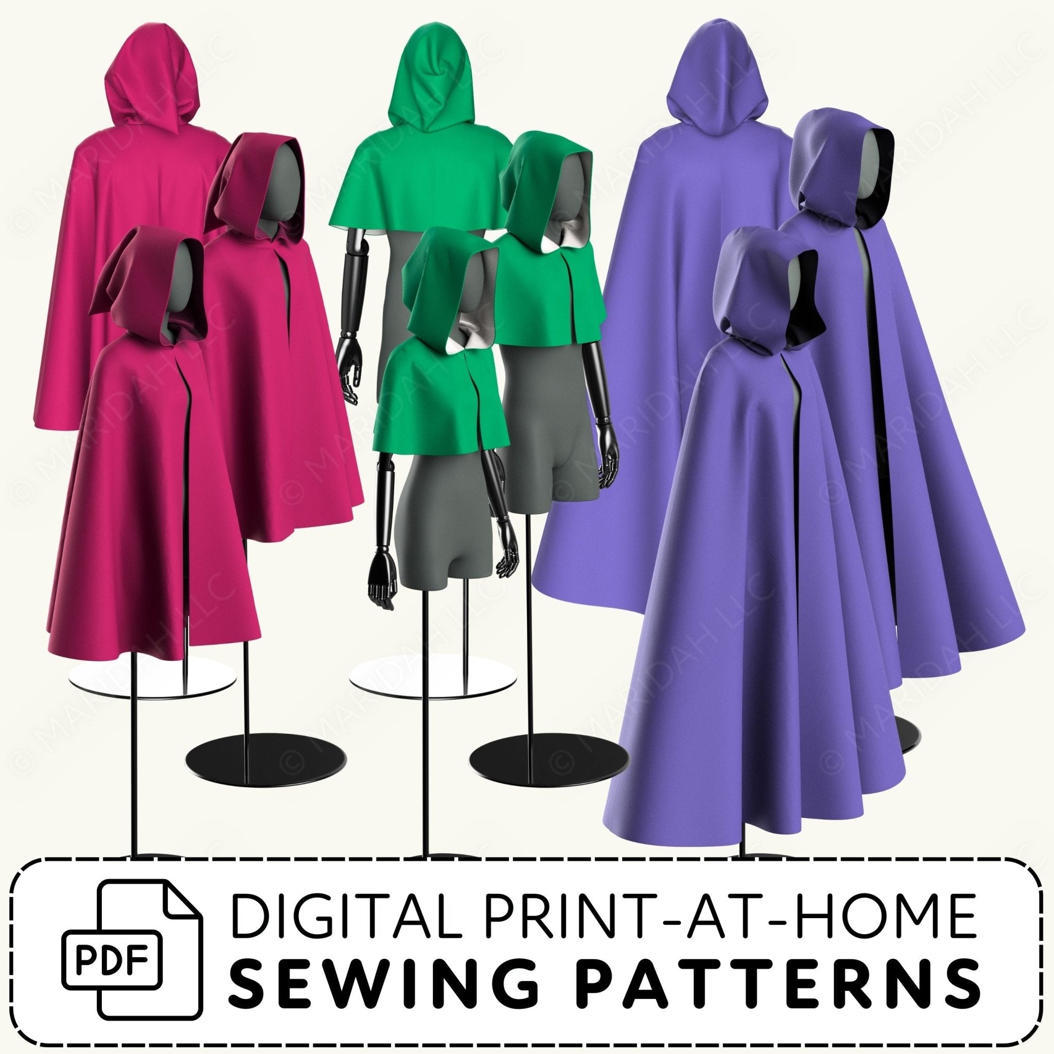 Mannequins wearing colorful hooded cloaks with digital print-at-home sewing patterns text.