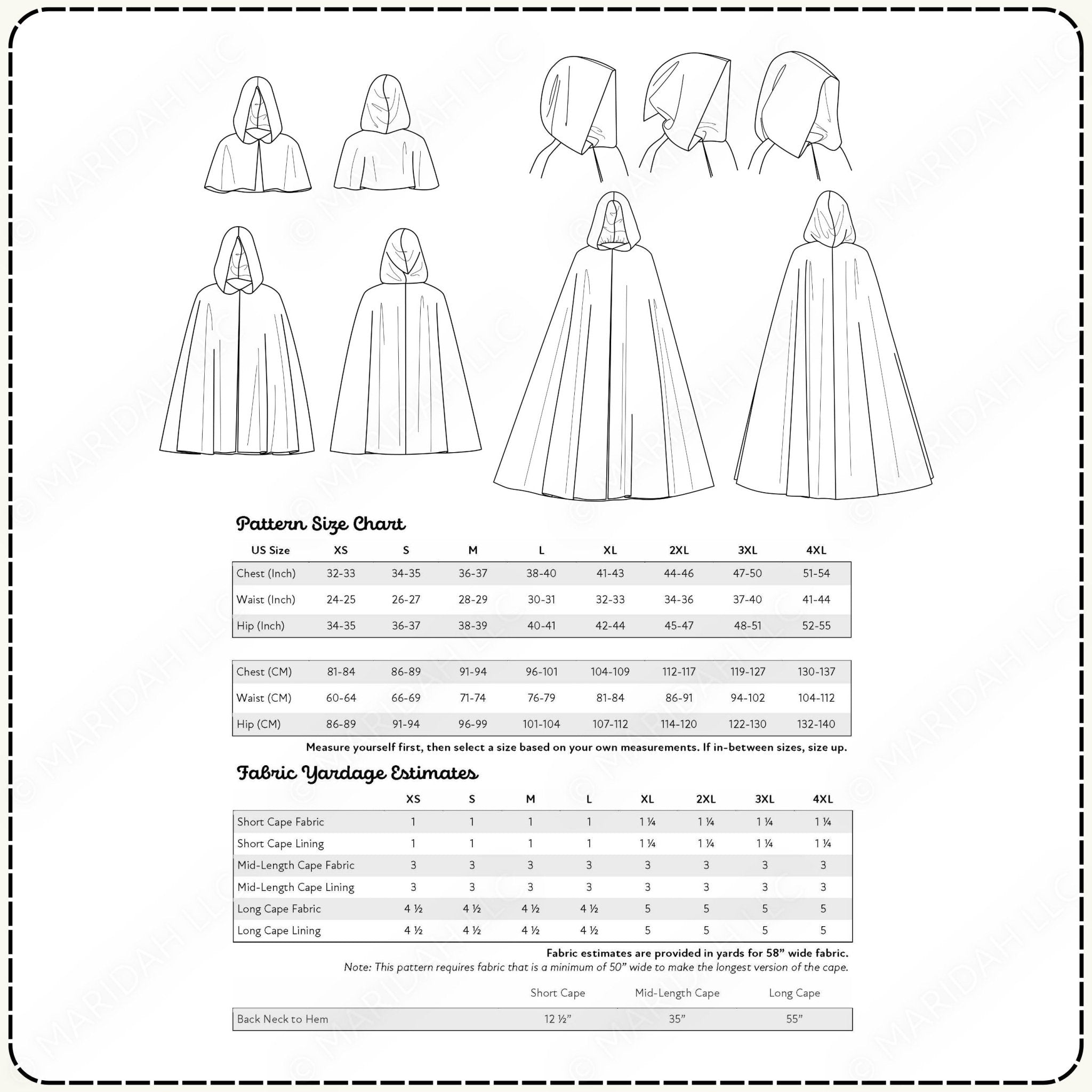Pattern size chart for a cape with measurements and fabric yardage estimates.
