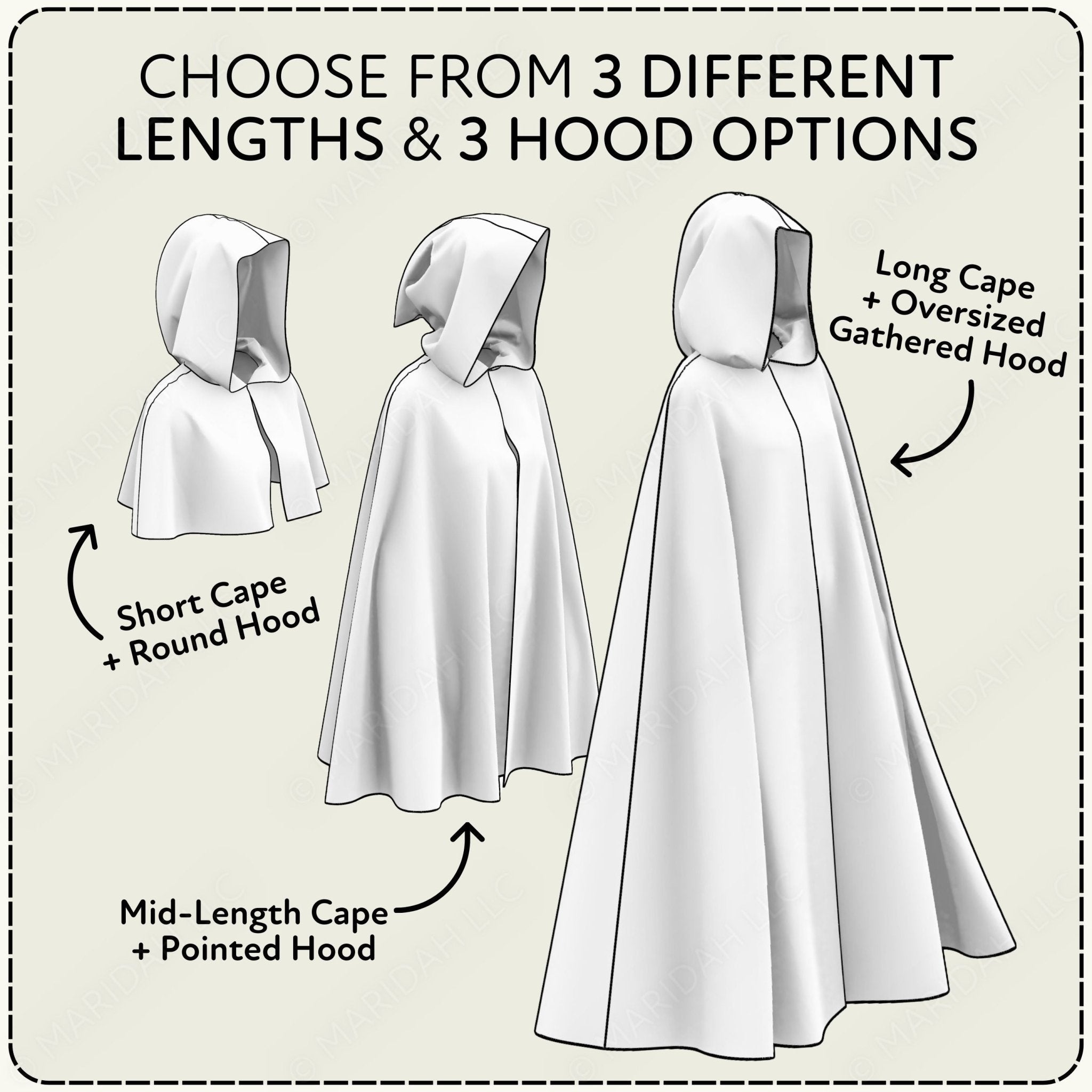 Diagram showing three different lengths and hood options of a cape on a beige background.