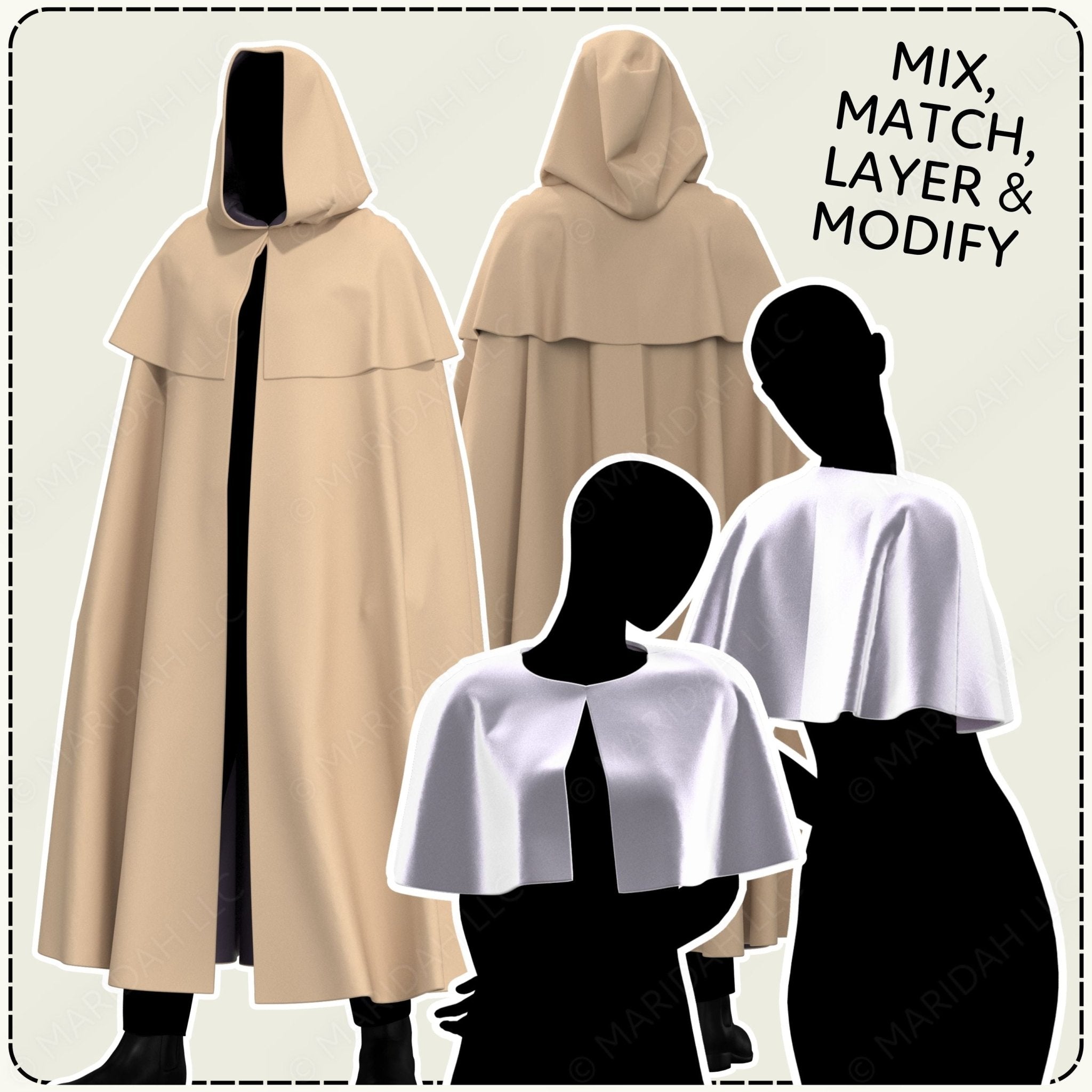 Beige hooded cloaks displayed with black silhouette models on a neutral background.