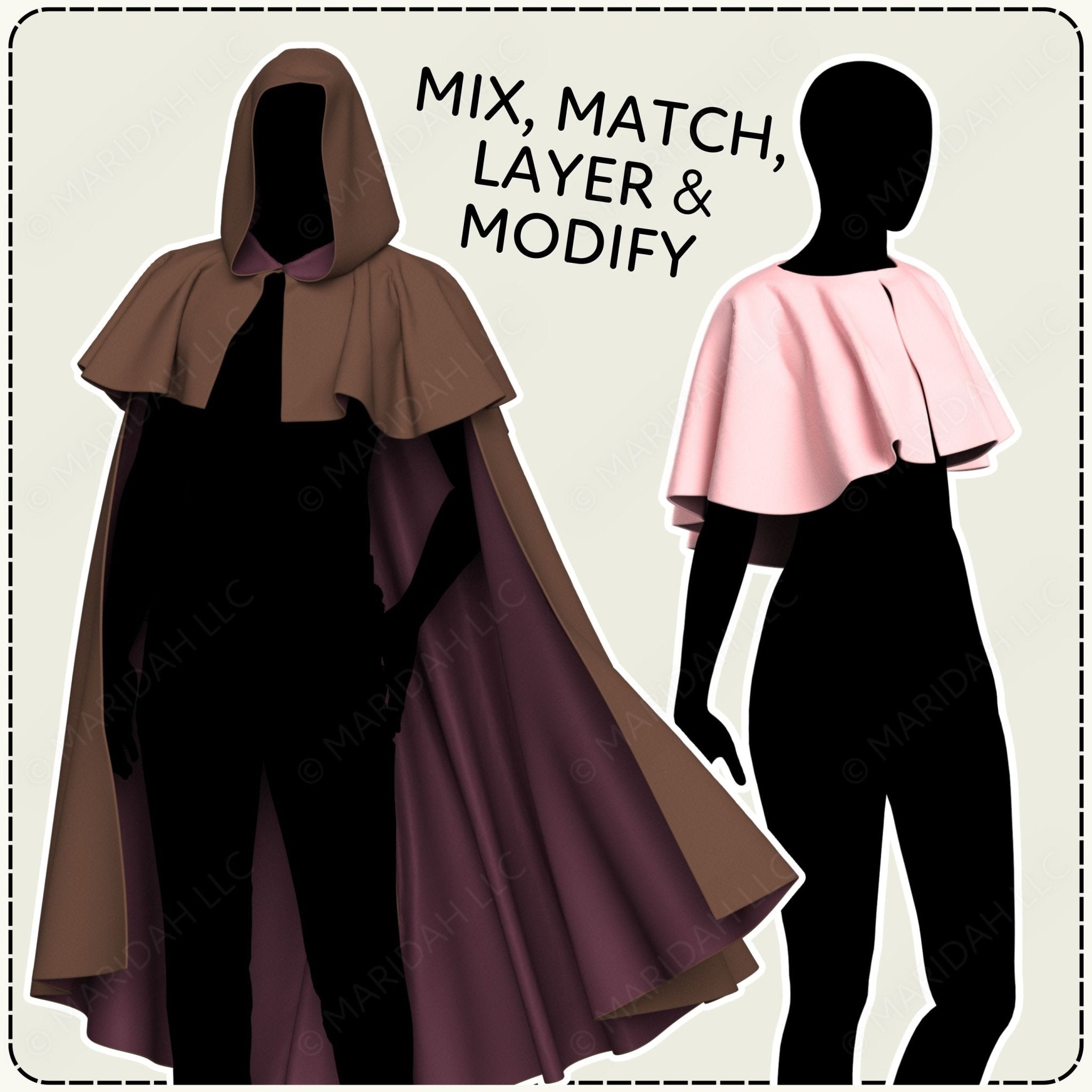 Two mannequins wearing capes with text &