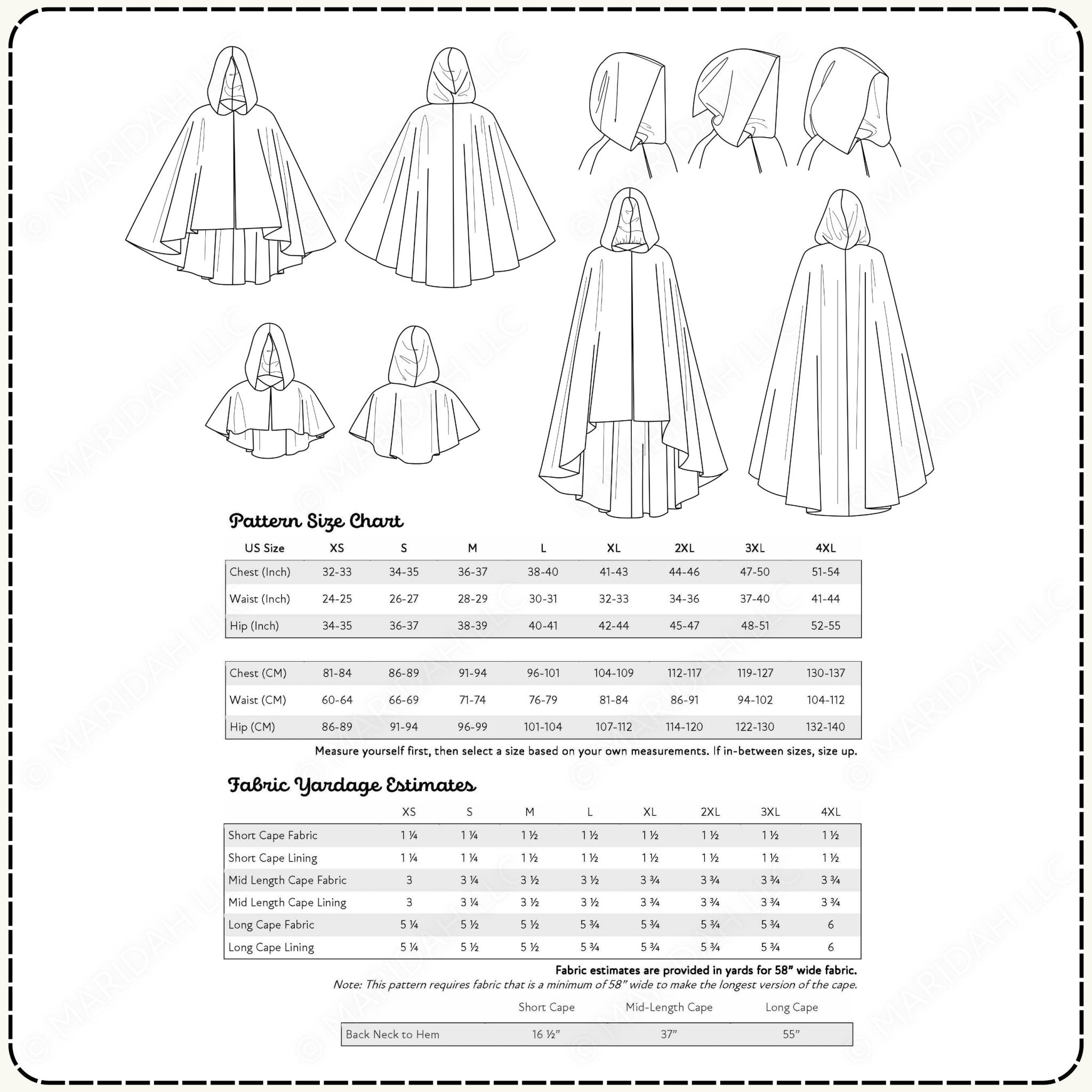 Pattern size chart and fabric yardage estimates for a cape design.