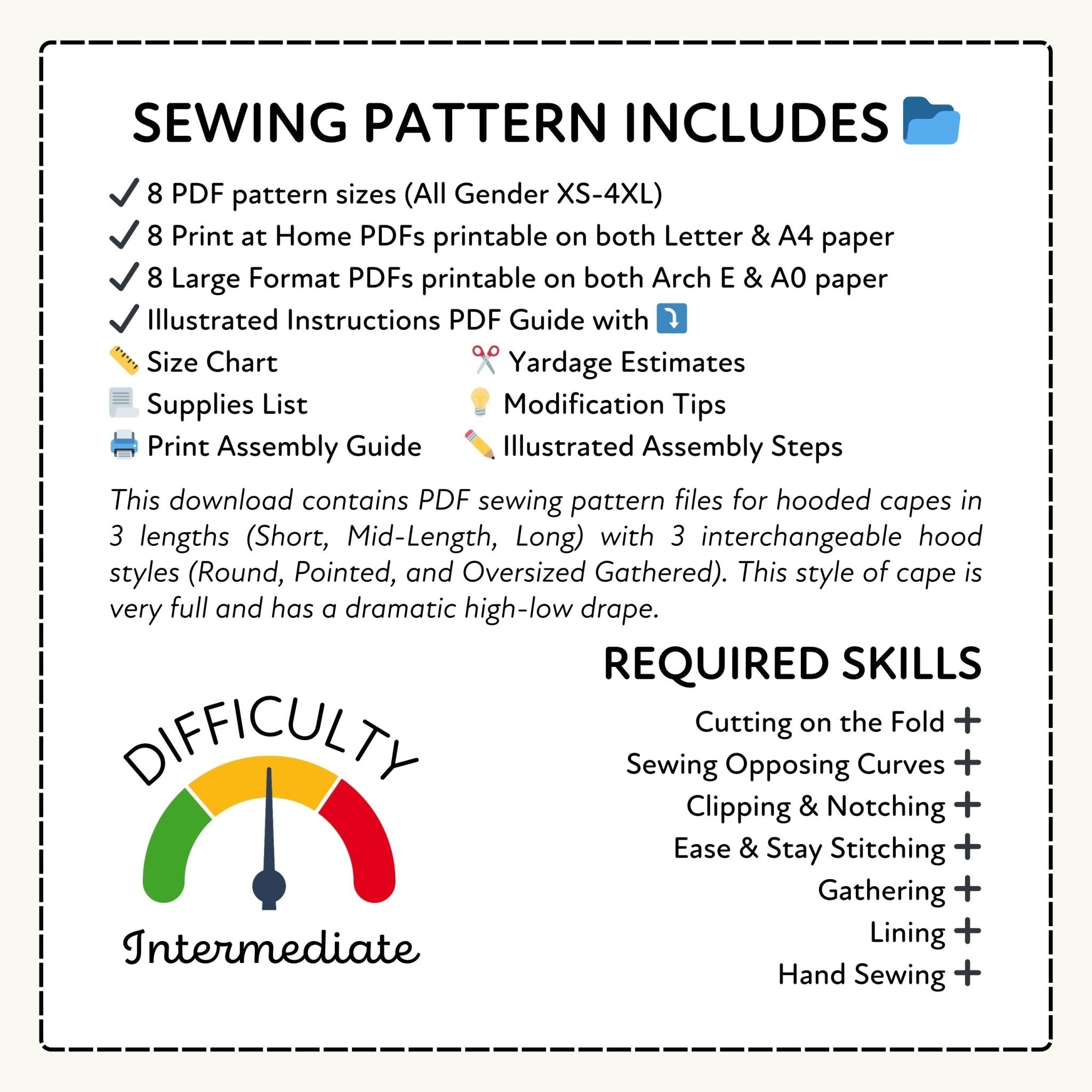 Sewing pattern information with a difficulty gauge labeled &