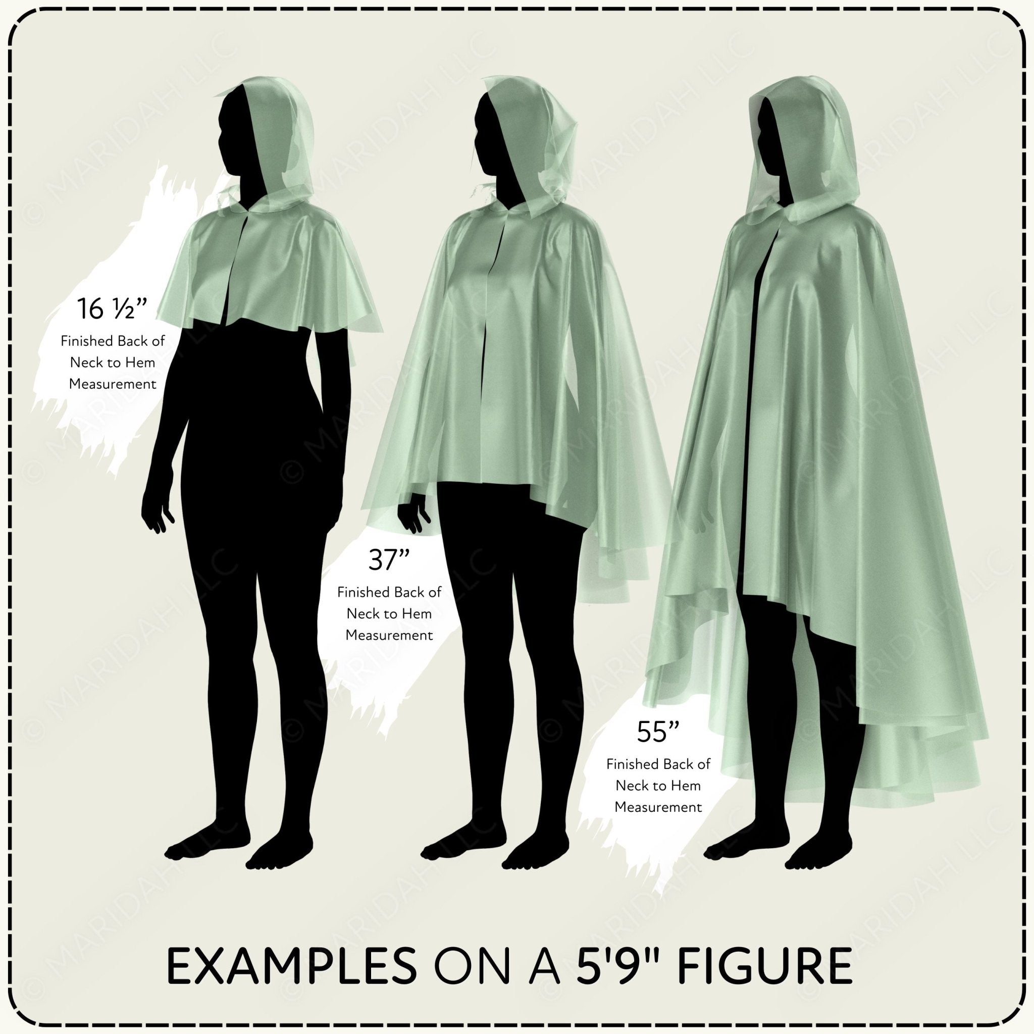 Measurement chart showing a hooded garment on a 5&