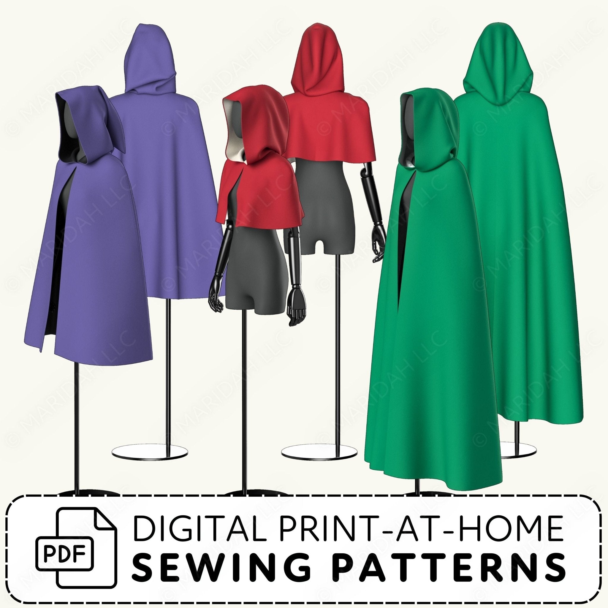 Mannequins wearing hooded cloaks in various colors with digital print-at-home sewing patterns text.