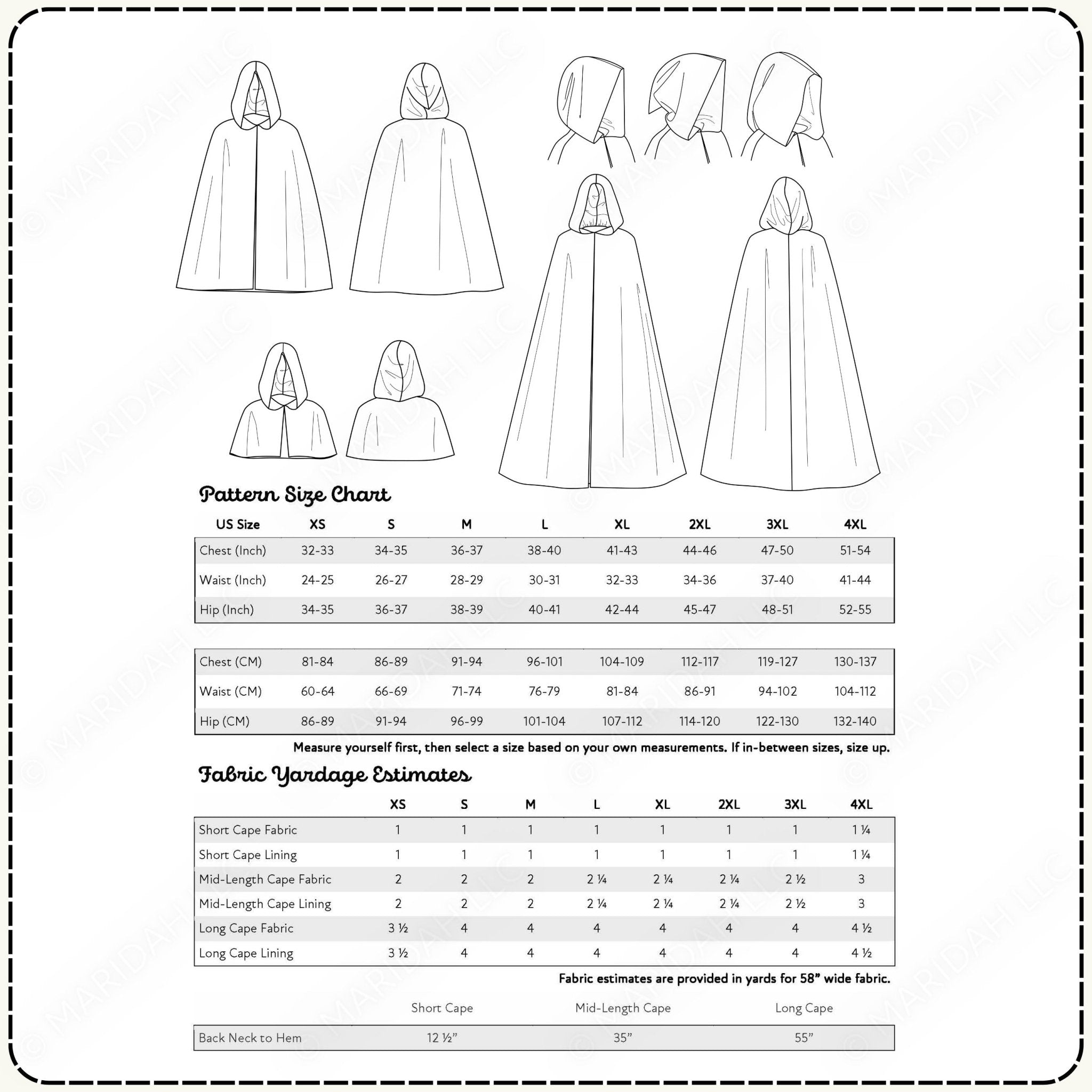 Pattern size chart for a cape with measurements and fabric yardage estimates.
