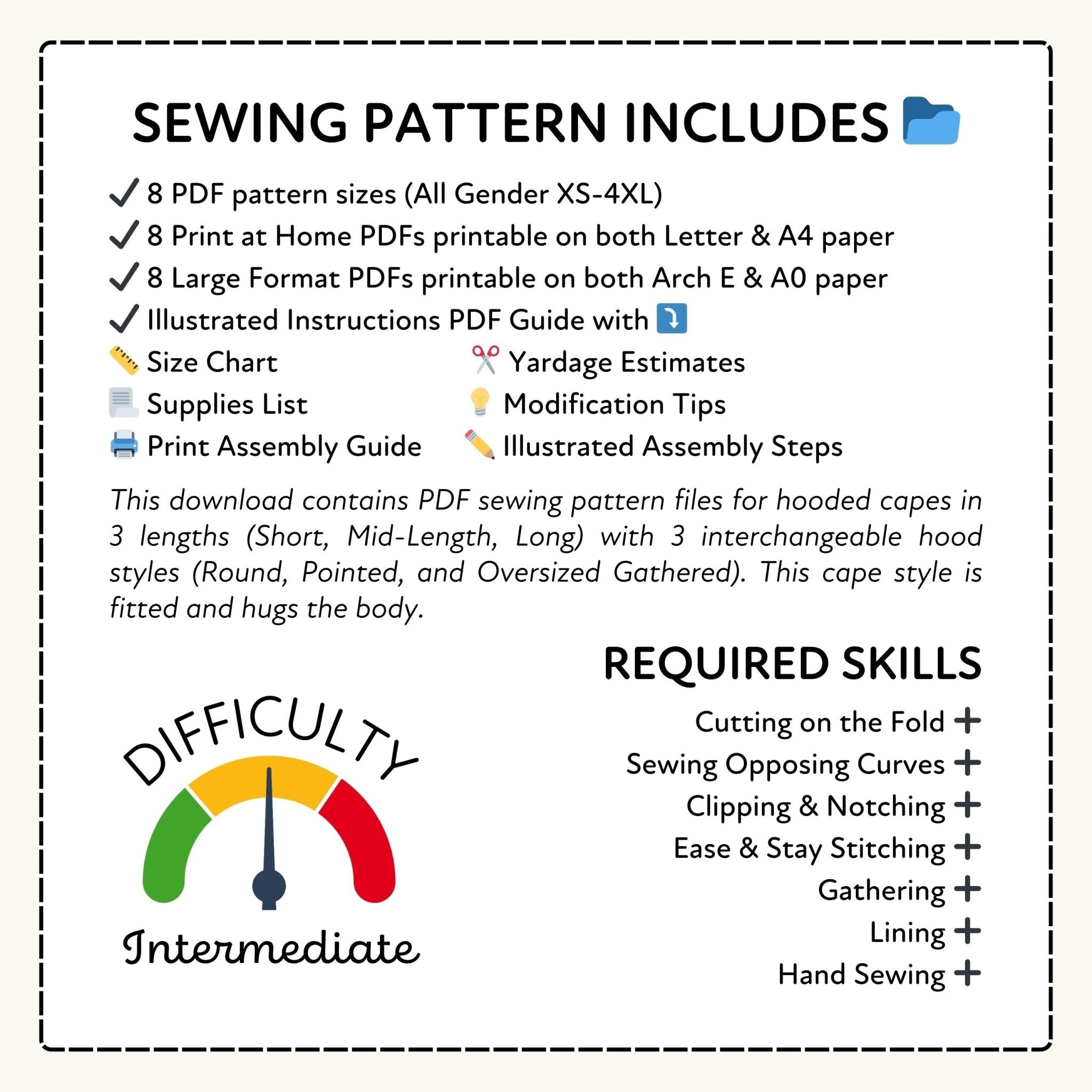 Sewing pattern information with PDF sizes, formats, and required skills listed.