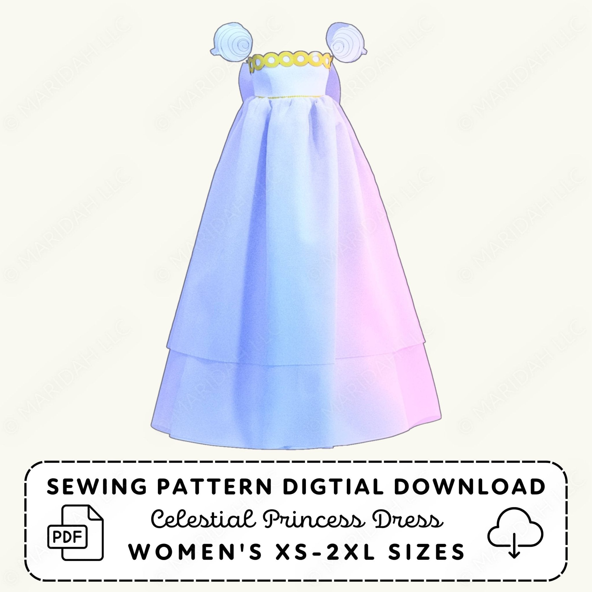 Sewing pattern digital download for a celestial princess dress with a pastel gradient on a white background.