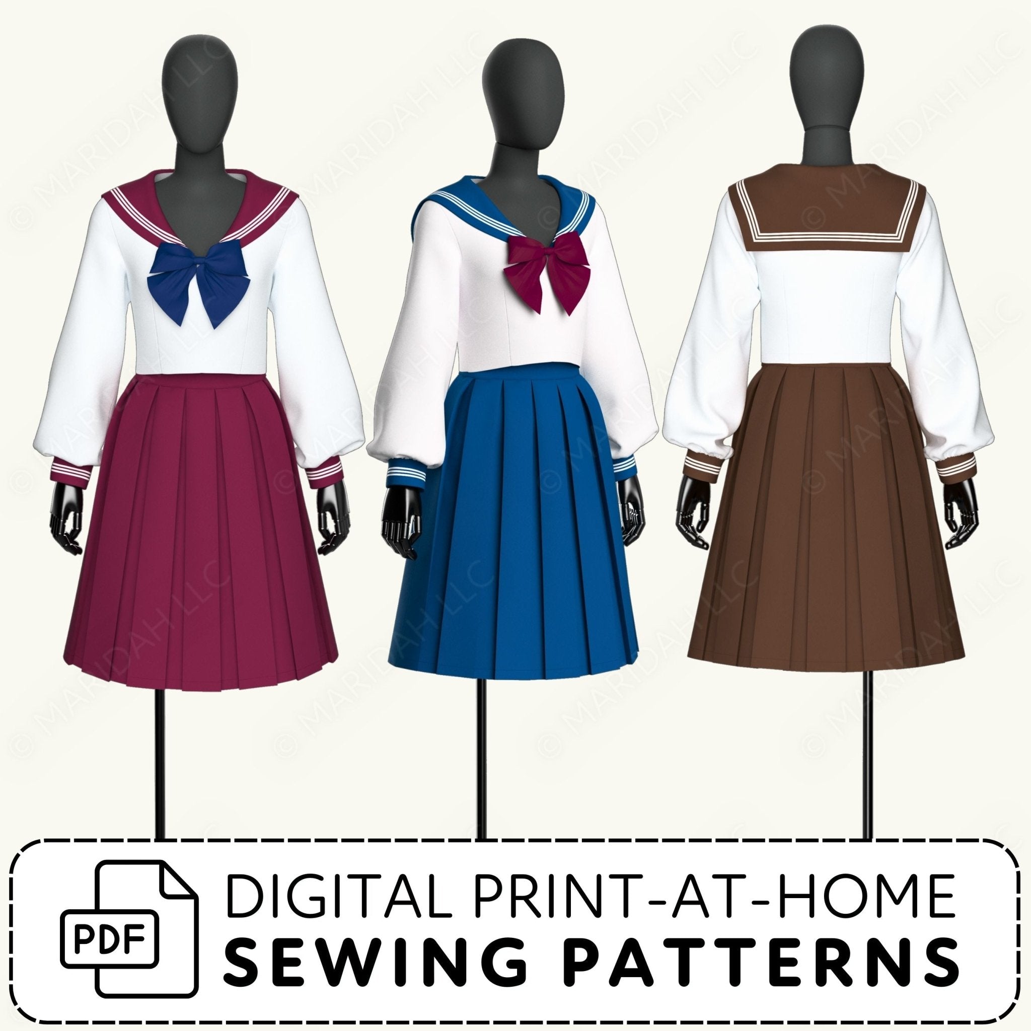 Three mannequins wearing different colored school uniform sets with text about digital print-at-home sewing patterns.