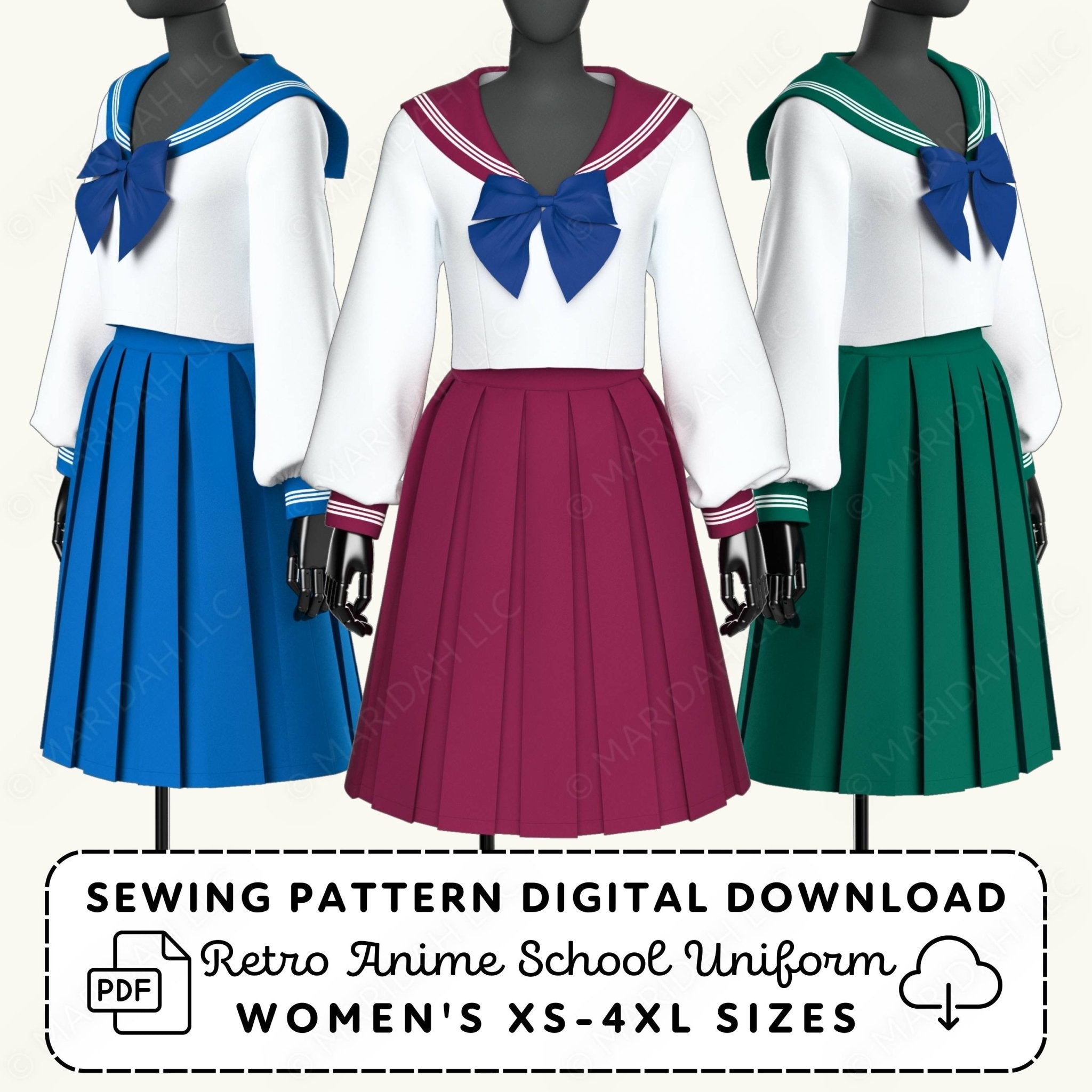Three mannequins wearing retro anime school uniforms with different color schemes on a white background.