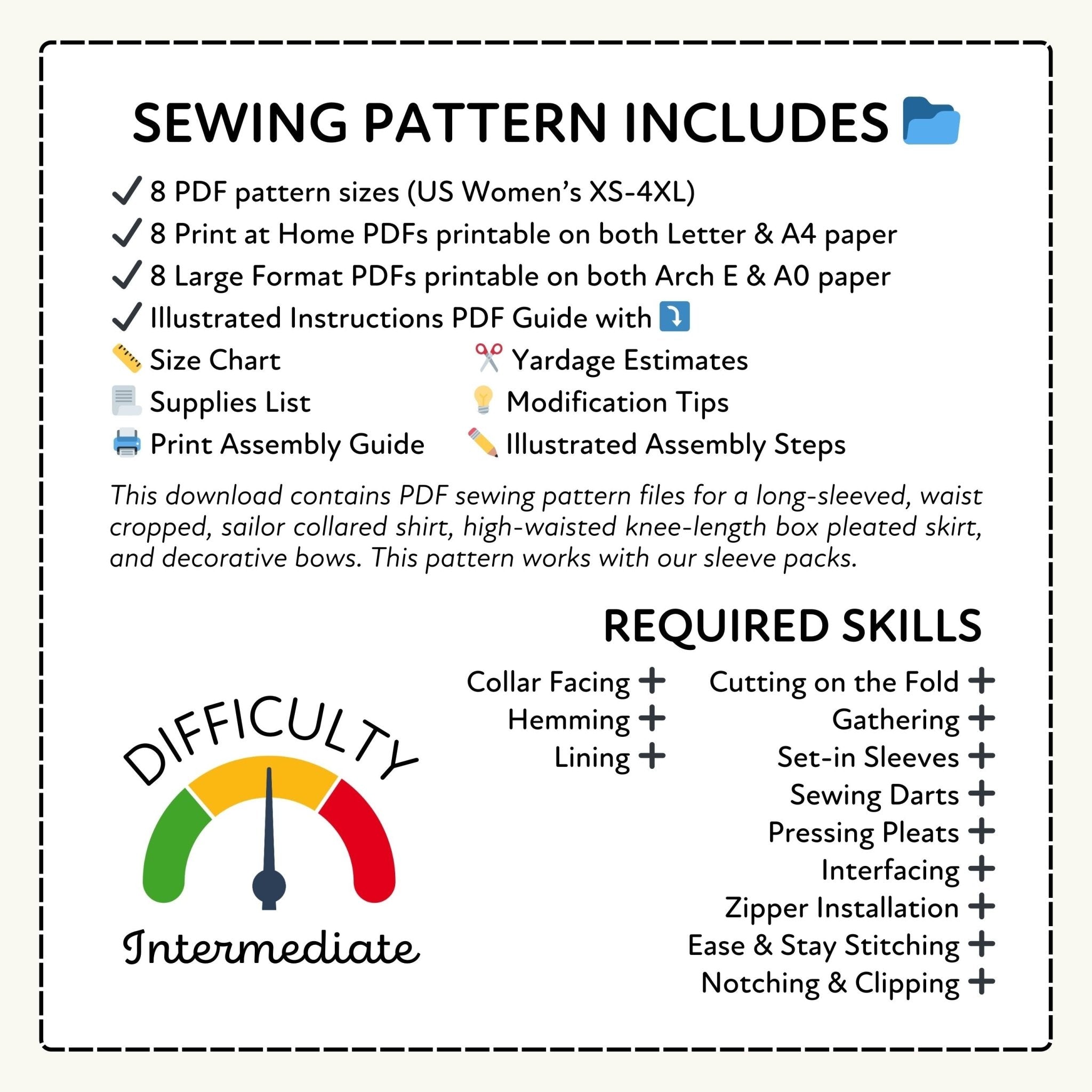 Sewing pattern information with required skills and difficulty level on a white background