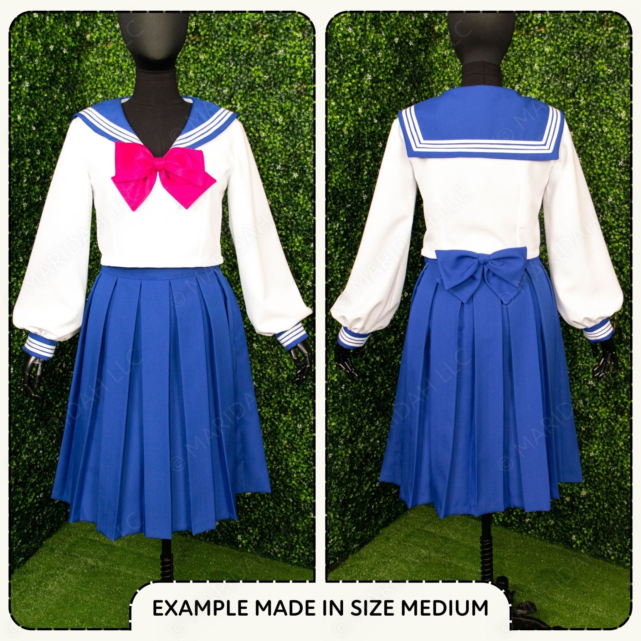Sailor-style outfit with white blouse, blue skirt, and pink bow on a green leafy background.