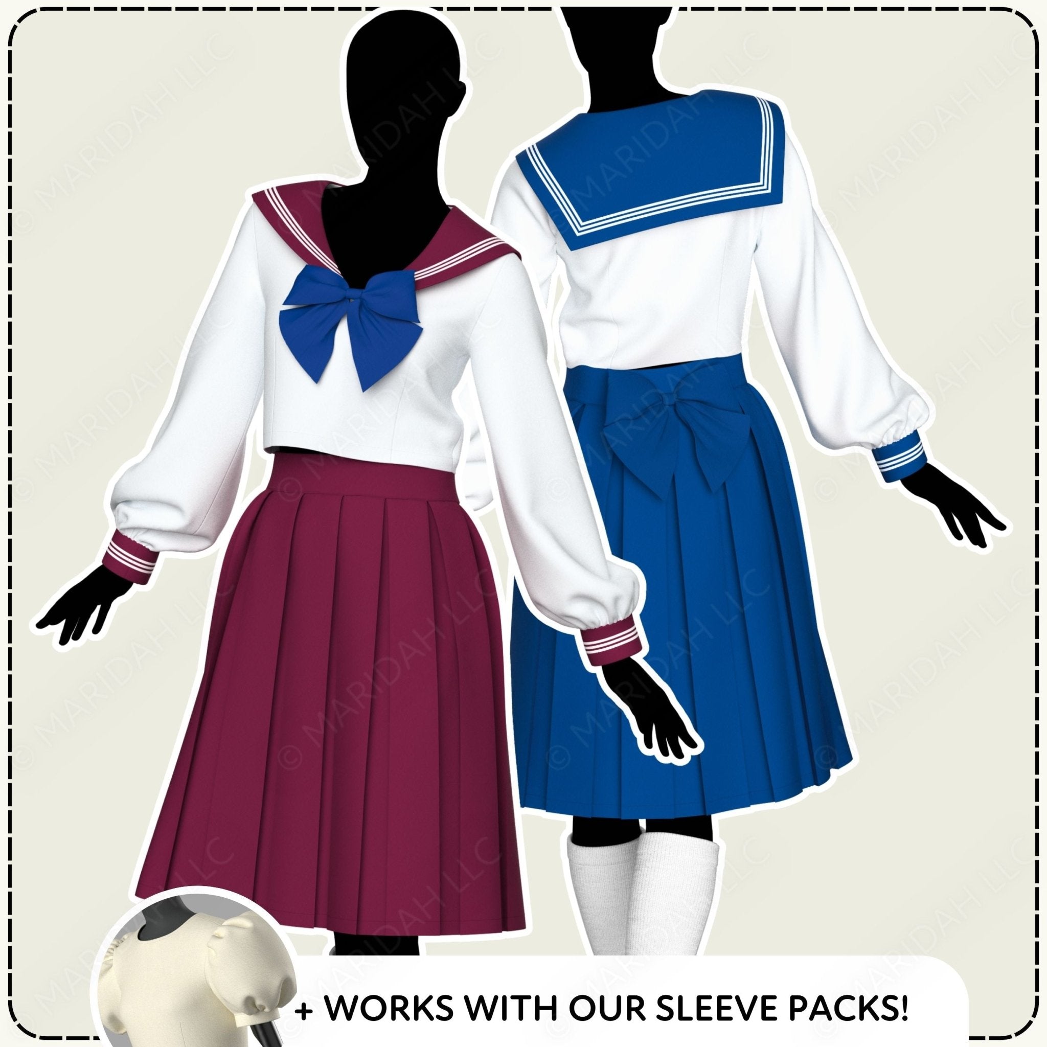 Two mannequins wearing a school uniform with a white shirt, blue and red accents, and pleated skirts.